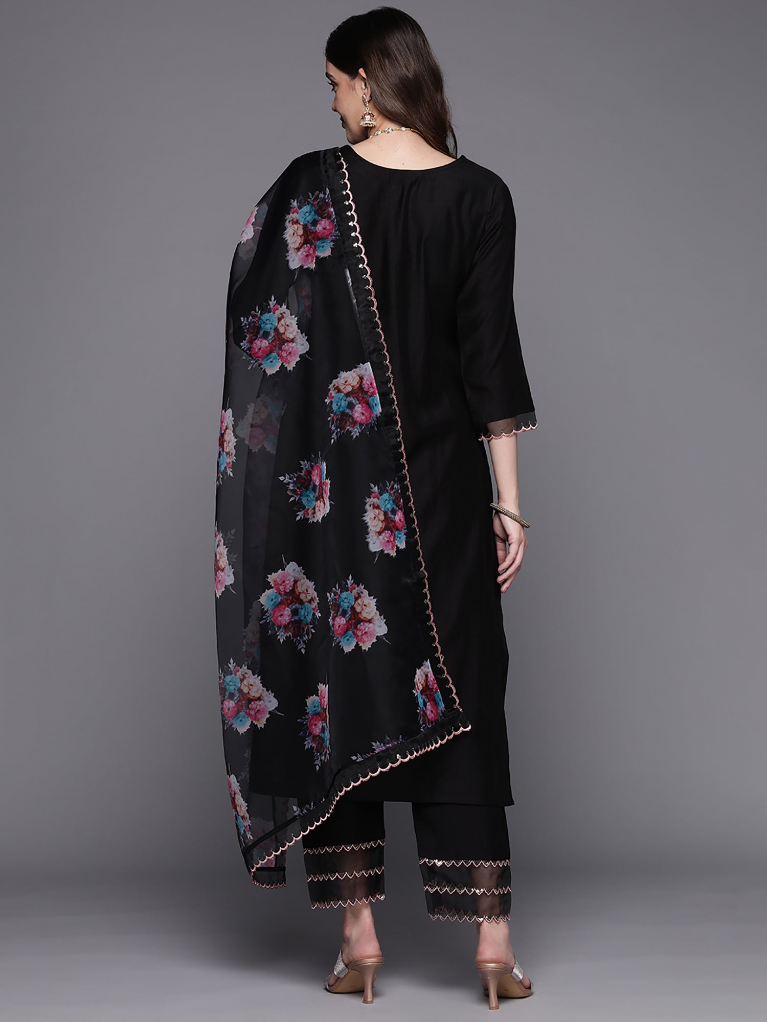 Black Embroidered Straight Kurta Trousers With Dupatta Set