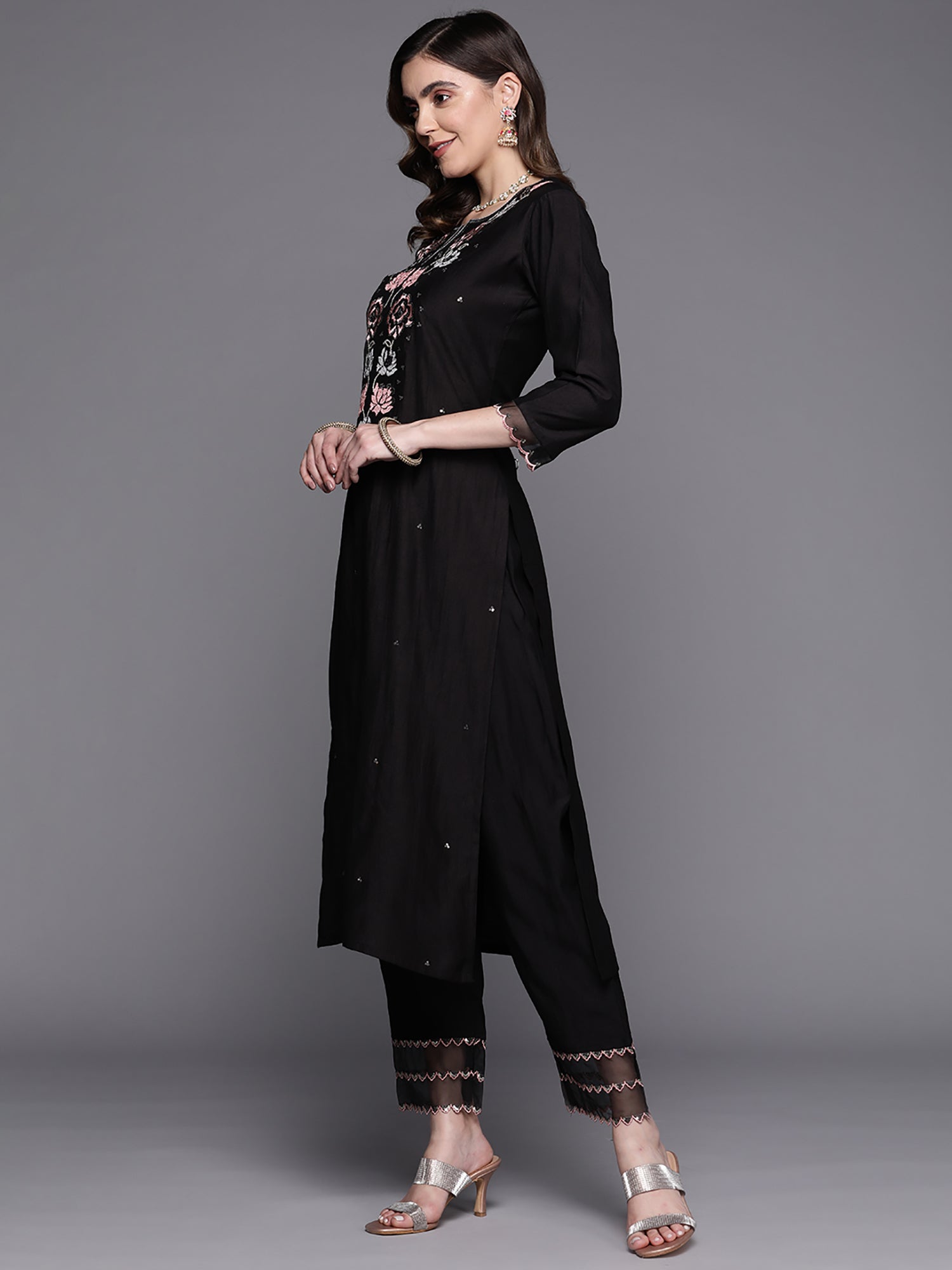 Black Embroidered Straight Kurta Trousers With Dupatta Set