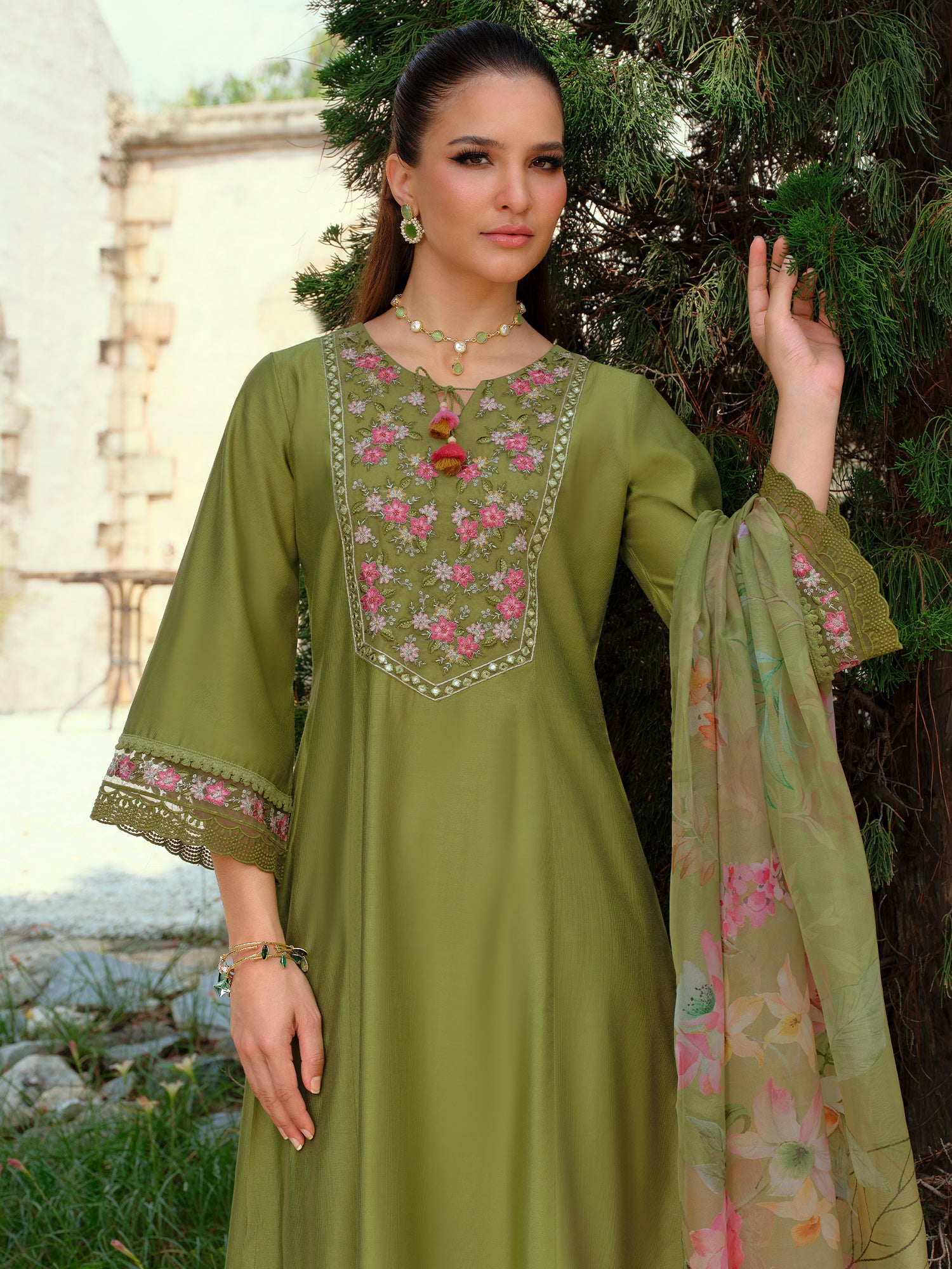 Indo Era Green Embroidered A-Line Kurta Trousers With Dupatta Set- IE
