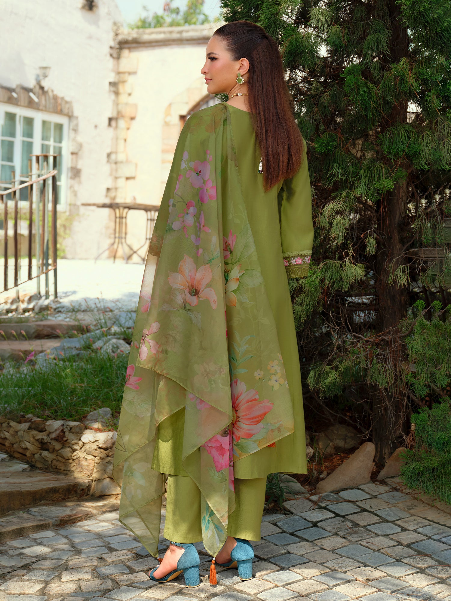 Indo Era Green Embroidered A-Line Kurta Trousers With Dupatta Set- IE