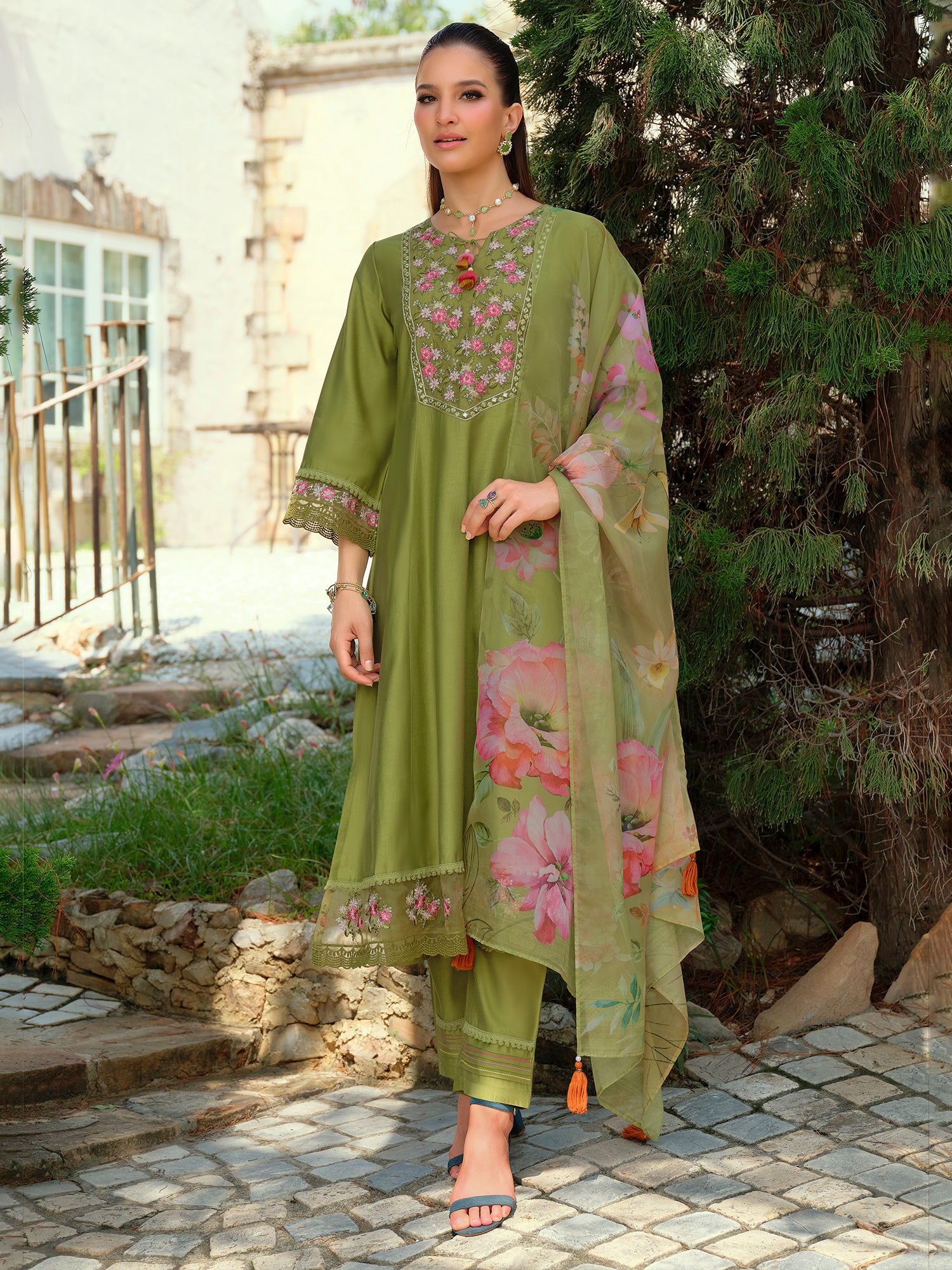 Indo Era Green Embroidered A-Line Kurta Trousers With Dupatta Set- IE