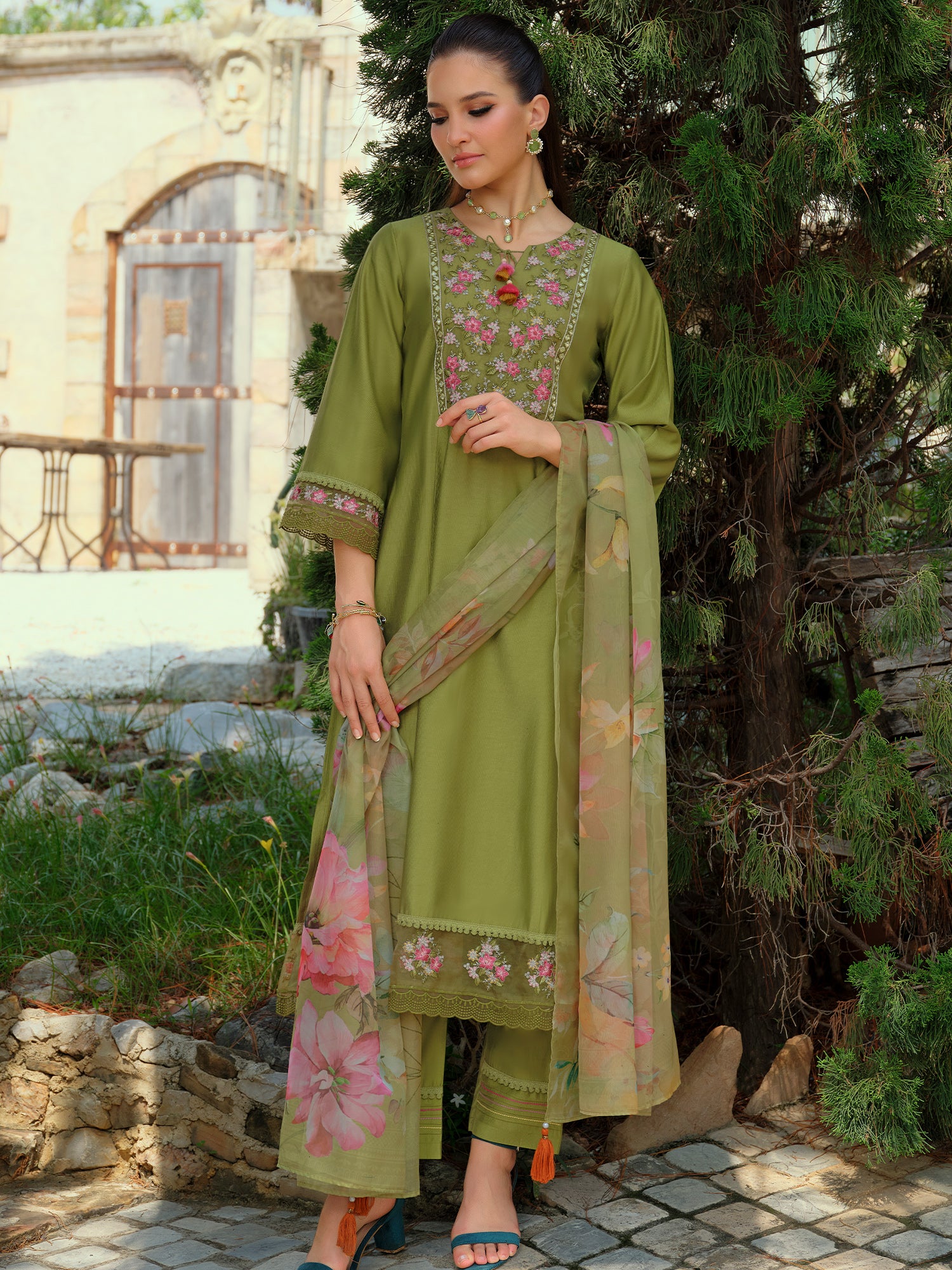 Indo Era Green Embroidered A-Line Kurta Trousers With Dupatta Set- IE