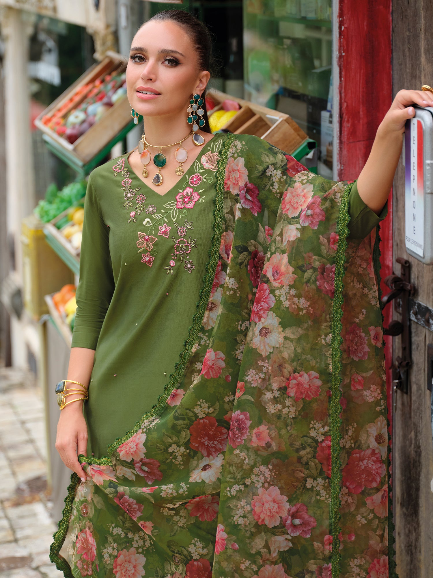 Indo Era Green Embroidered Straight Kurta Trousers With Dupatta Set- IE