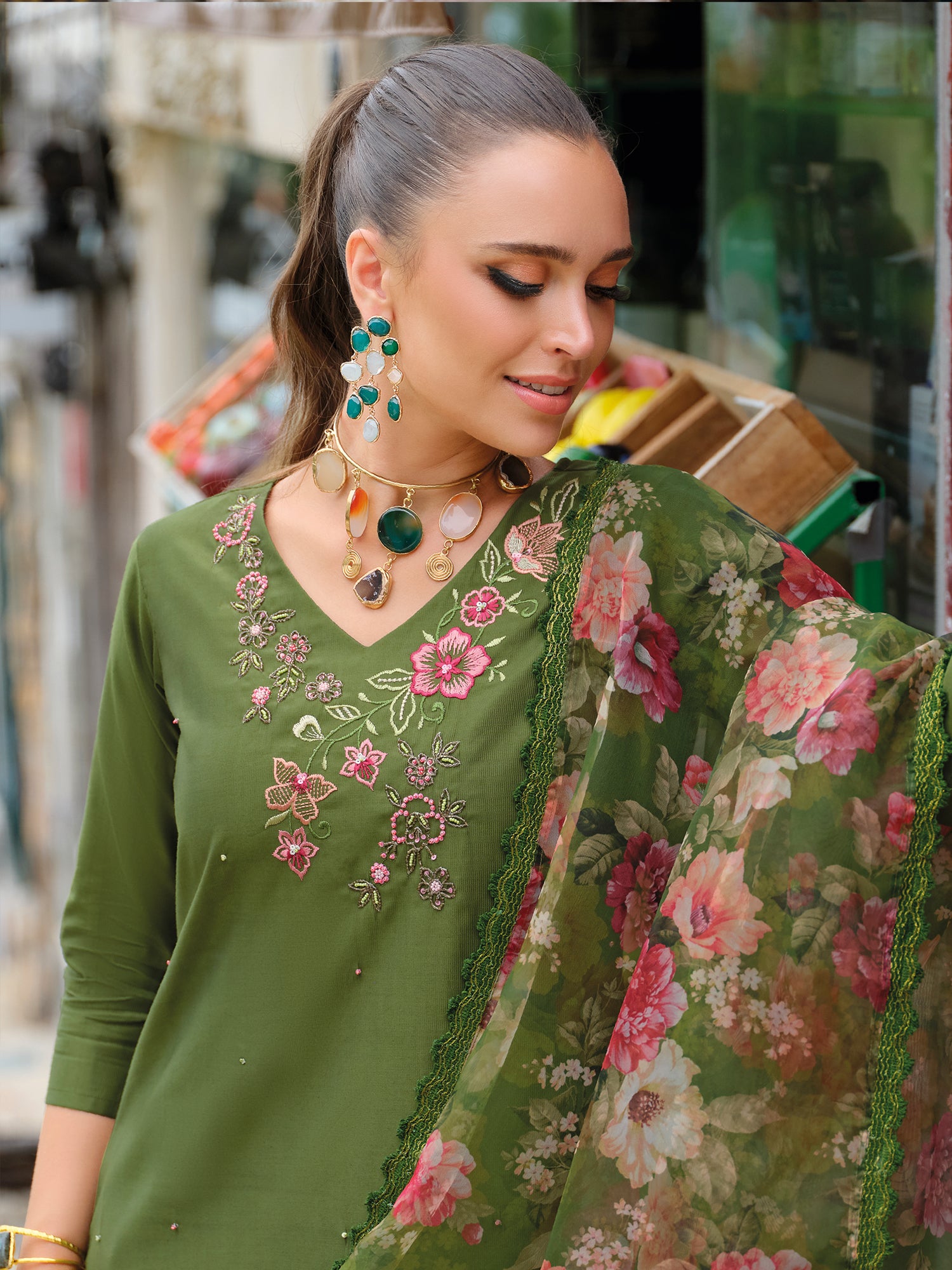 Indo Era Green Embroidered Straight Kurta Trousers With Dupatta Set- IE