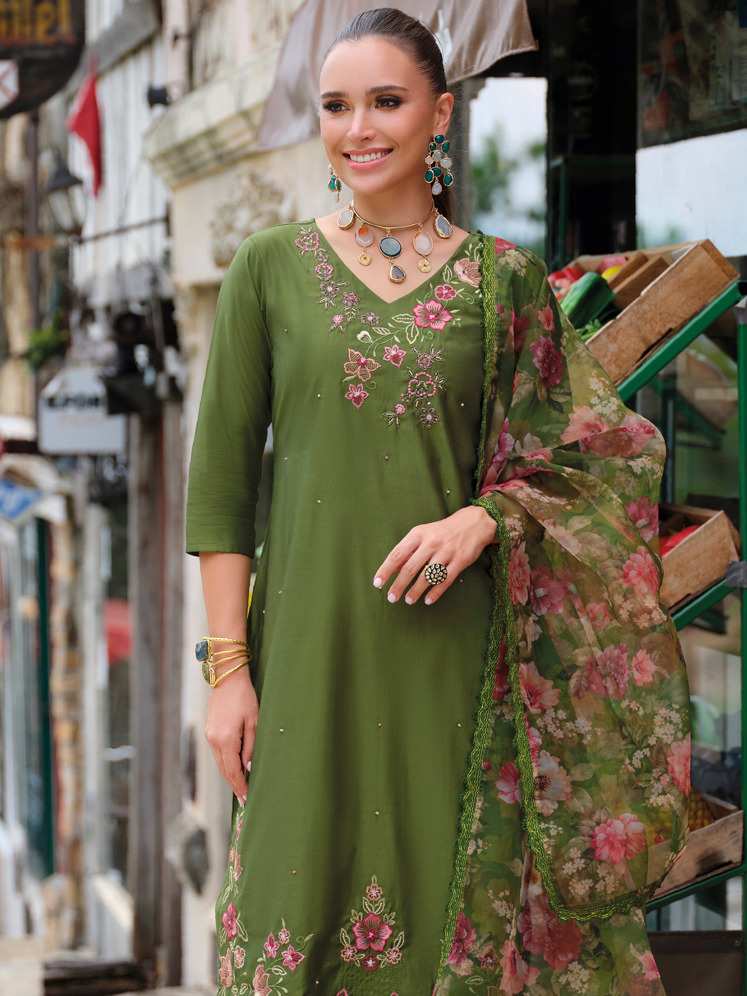 Indo Era Green Embroidered Straight Kurta Trousers With Dupatta Set- IE