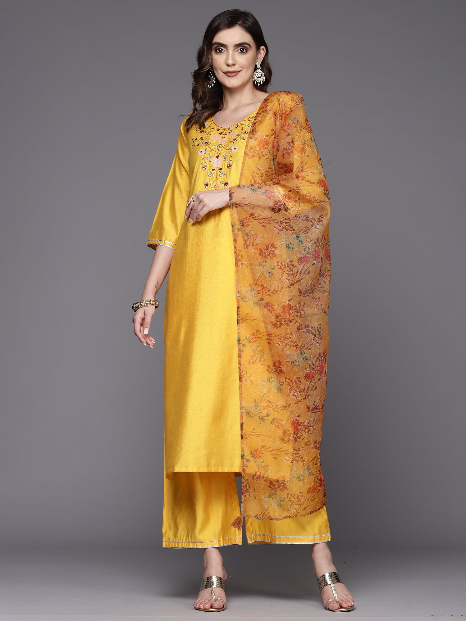 Mustard Embroidered Straight Kurta Palazzos With Dupatta Set