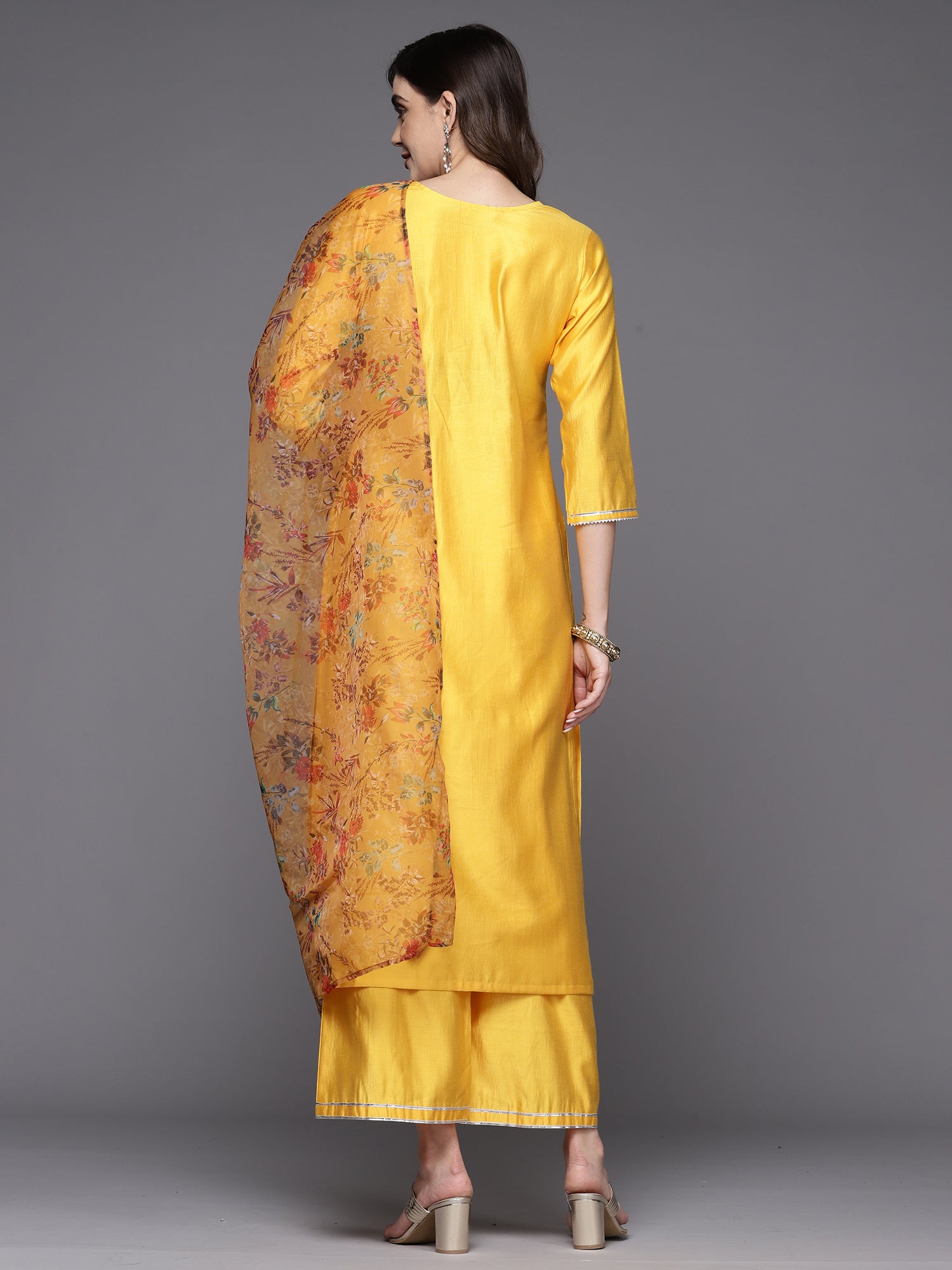 Mustard Embroidered Straight Kurta Palazzos With Dupatta Set