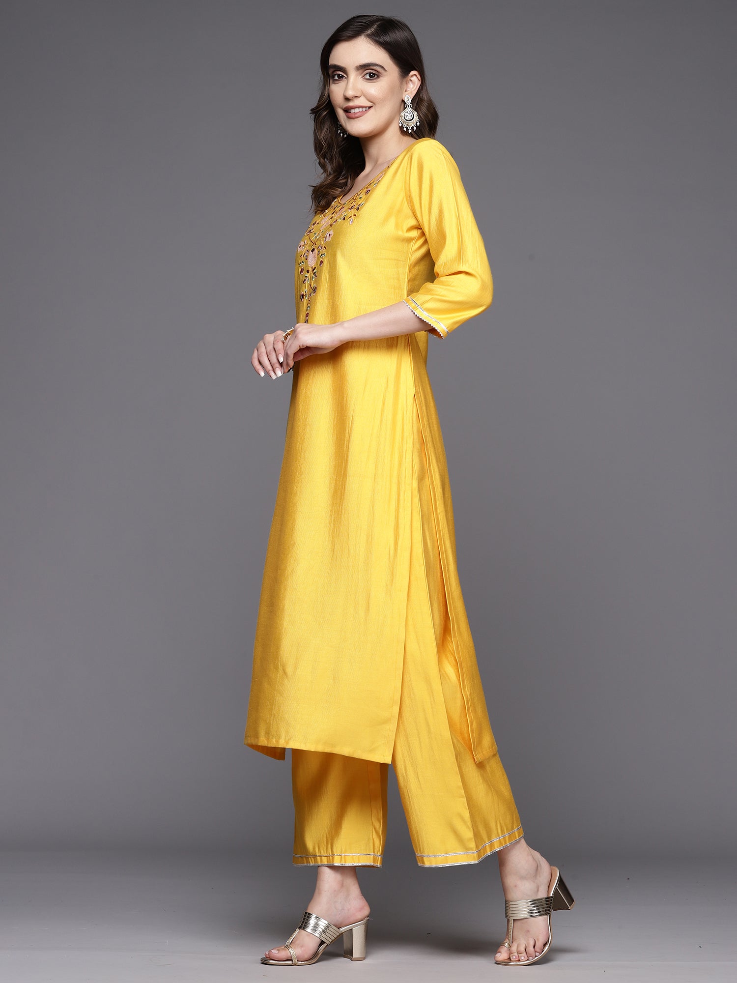 Mustard Embroidered Straight Kurta Palazzos With Dupatta Set