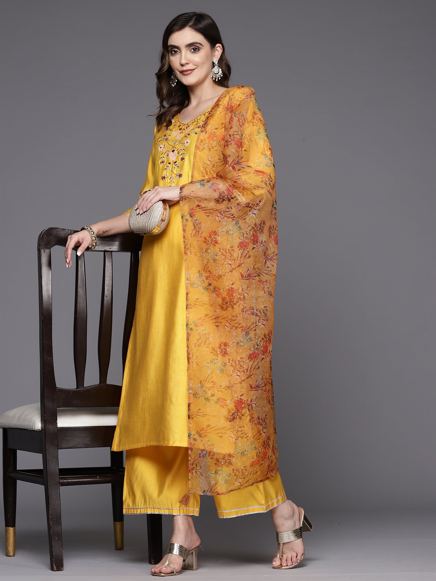 Mustard Embroidered Straight Kurta Palazzos With Dupatta Set