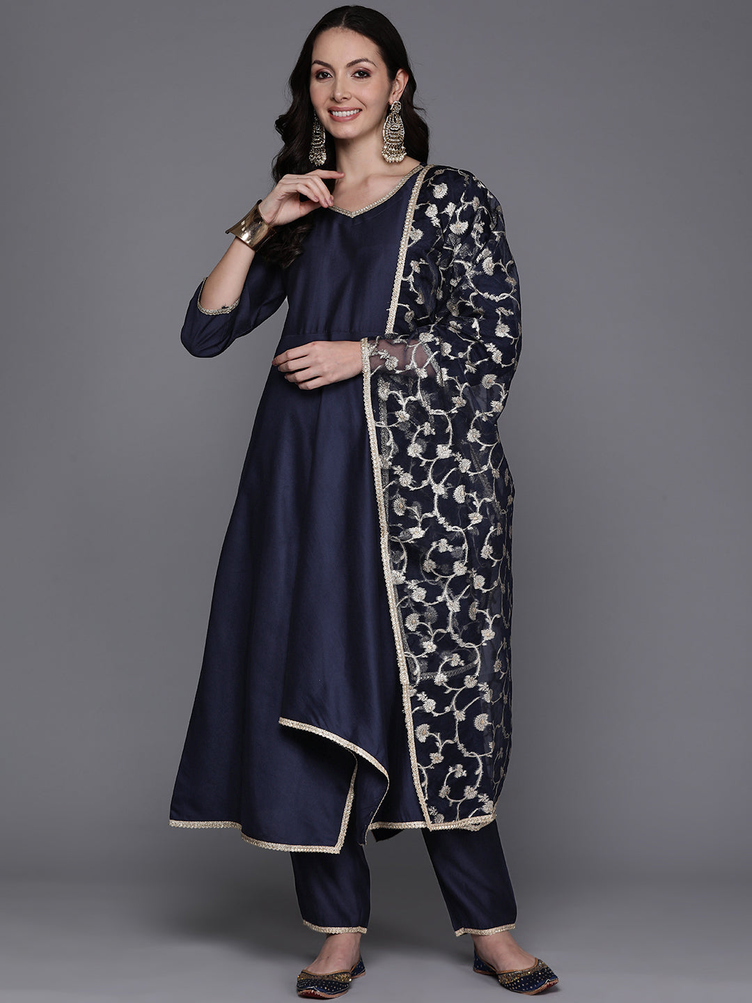 Navy Blue Solid A-Line Kurta Trousers With Dupatta Set