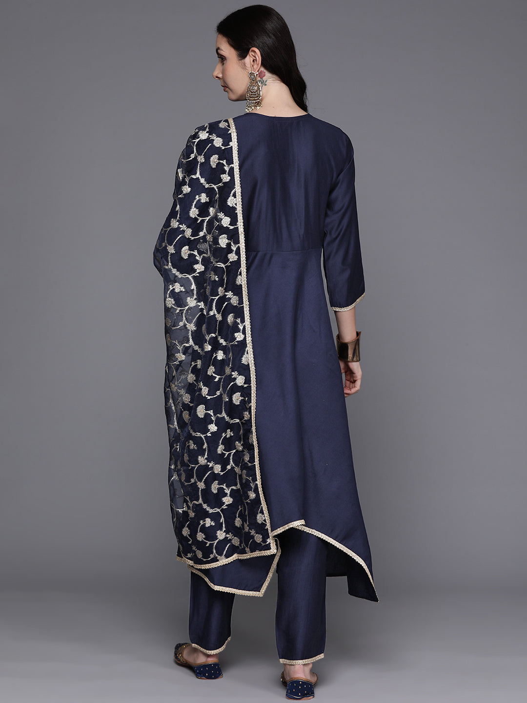 Navy Blue Solid A-Line Kurta Trousers With Dupatta Set