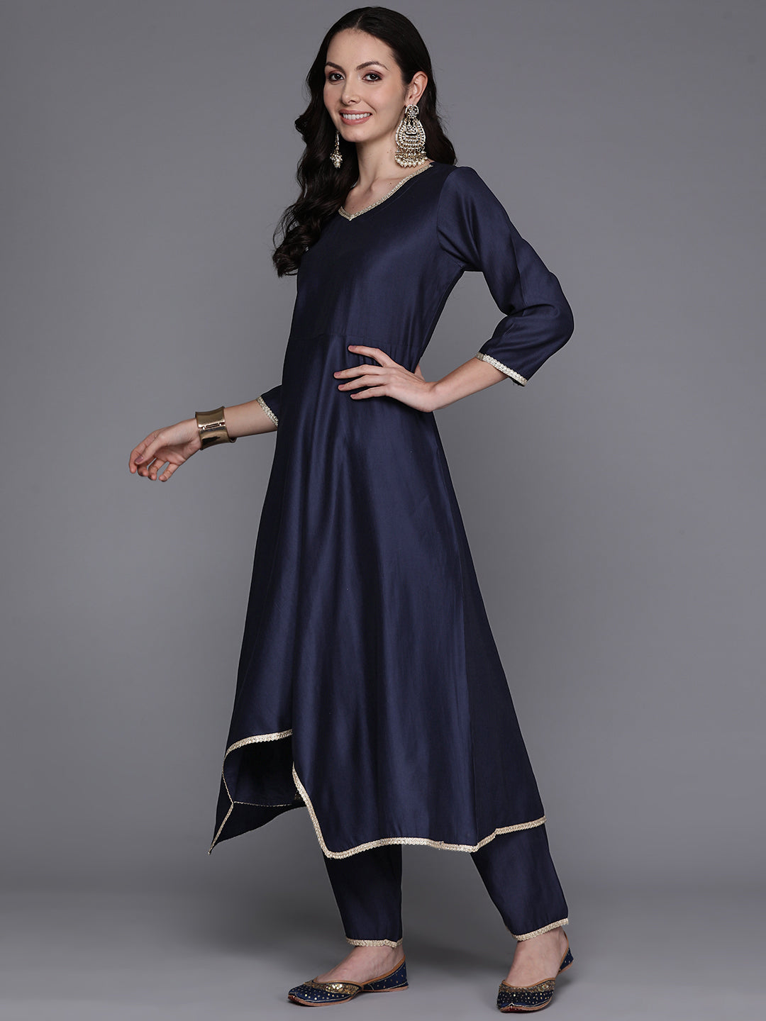 Navy Blue Solid A-Line Kurta Trousers With Dupatta Set