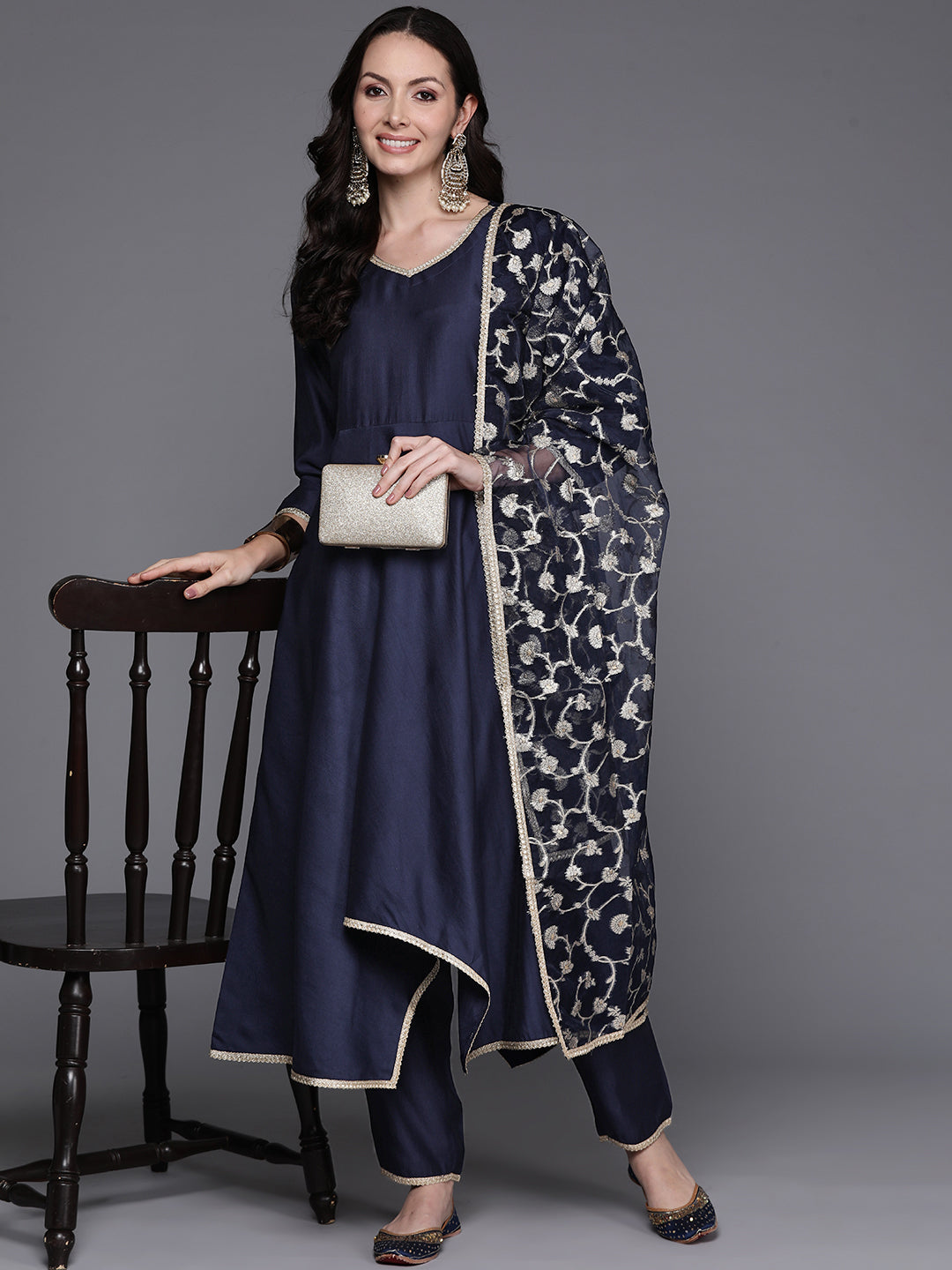 Navy Blue Solid A-Line Kurta Trousers With Dupatta Set