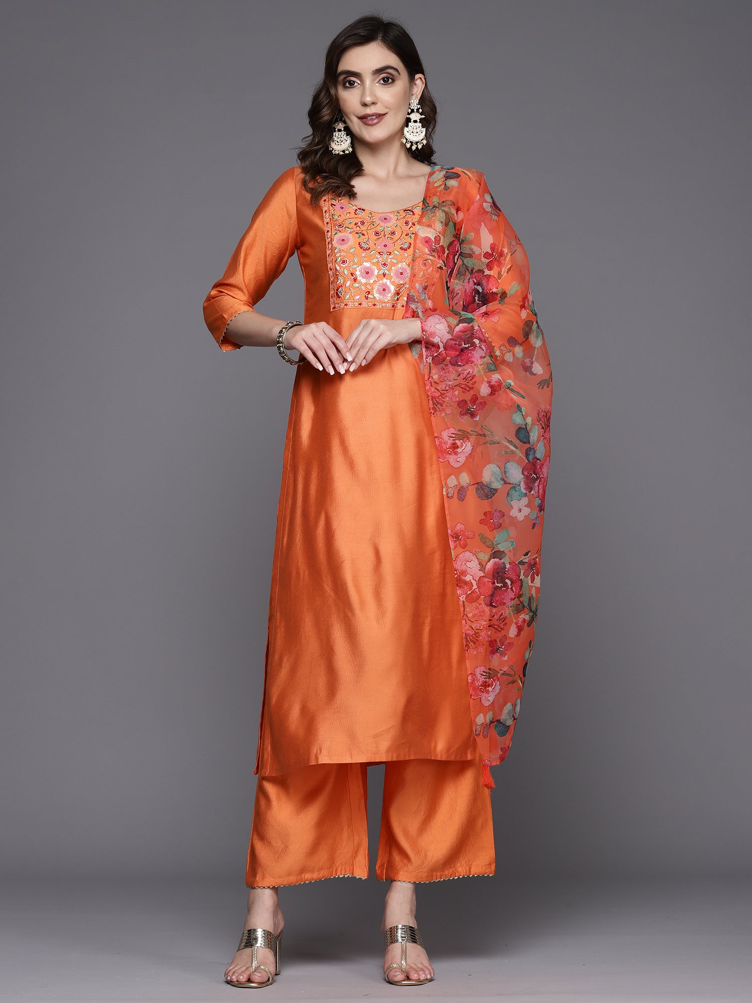 Orange Embroidered Straight Kurta Trousers With Dupatta Set