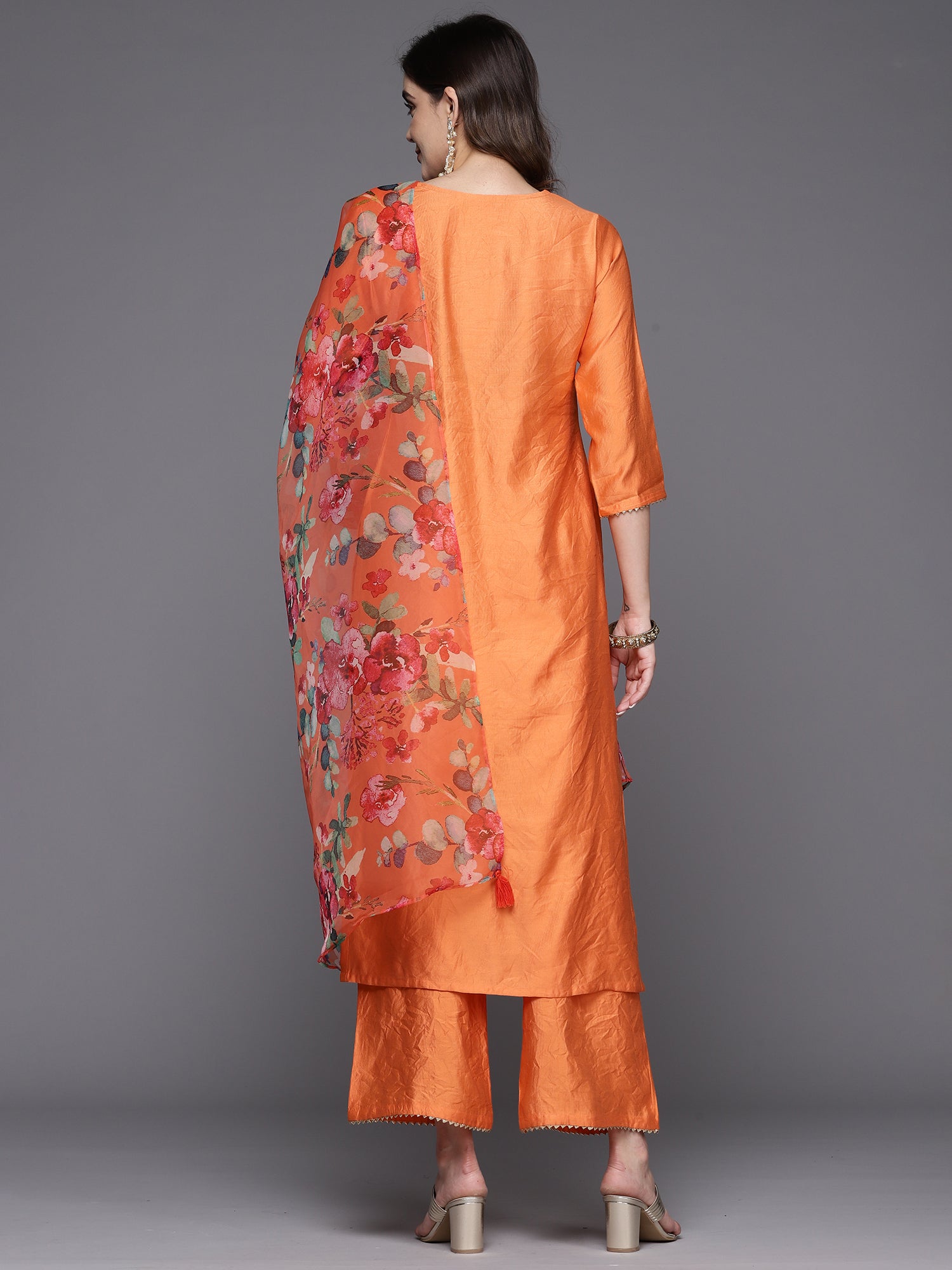 Orange Embroidered Straight Kurta Trousers With Dupatta Set