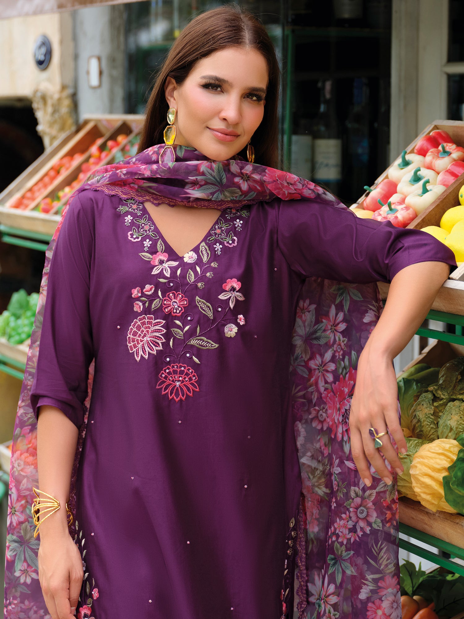 Indo Era Purple Embroidered Straight Kurta Trousers With Dupatta Set- IE