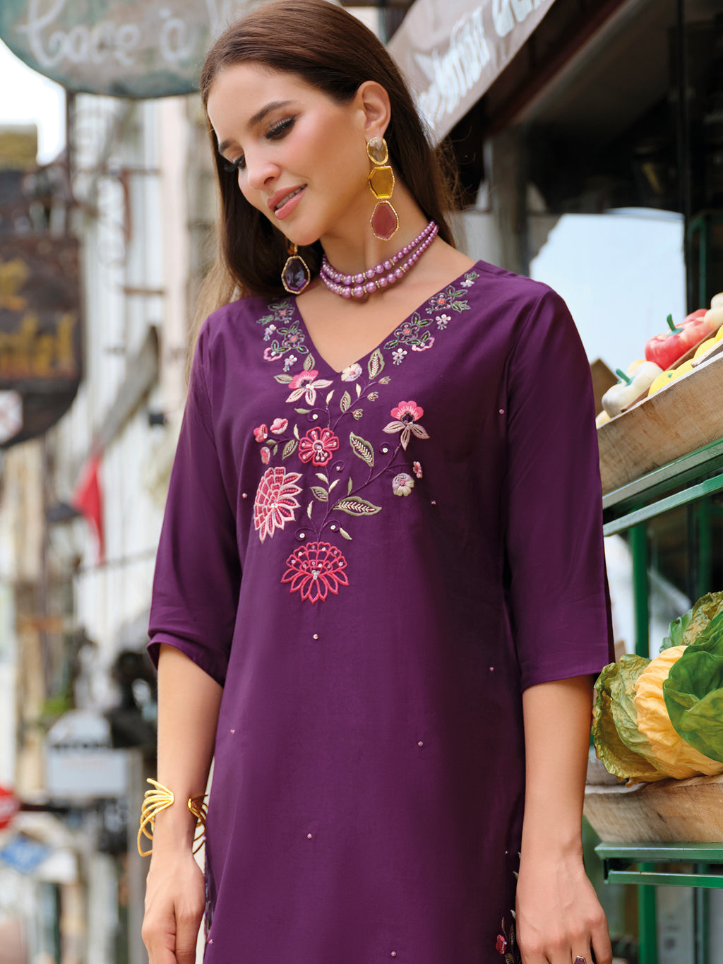 Indo Era Purple Embroidered Straight Kurta Trousers With Dupatta Set- IE