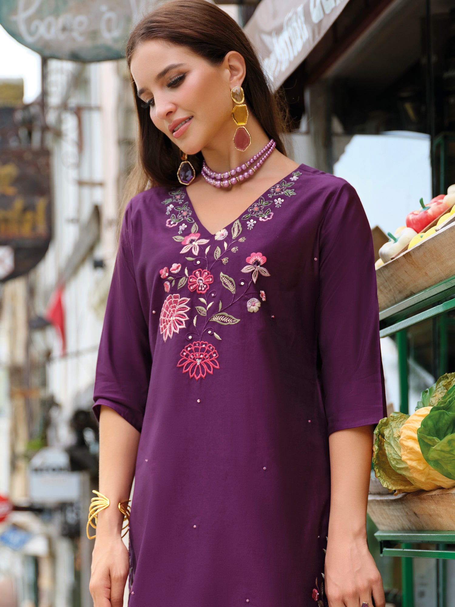 Indo Era Purple Embroidered Straight Kurta Trousers With Dupatta Set- IE