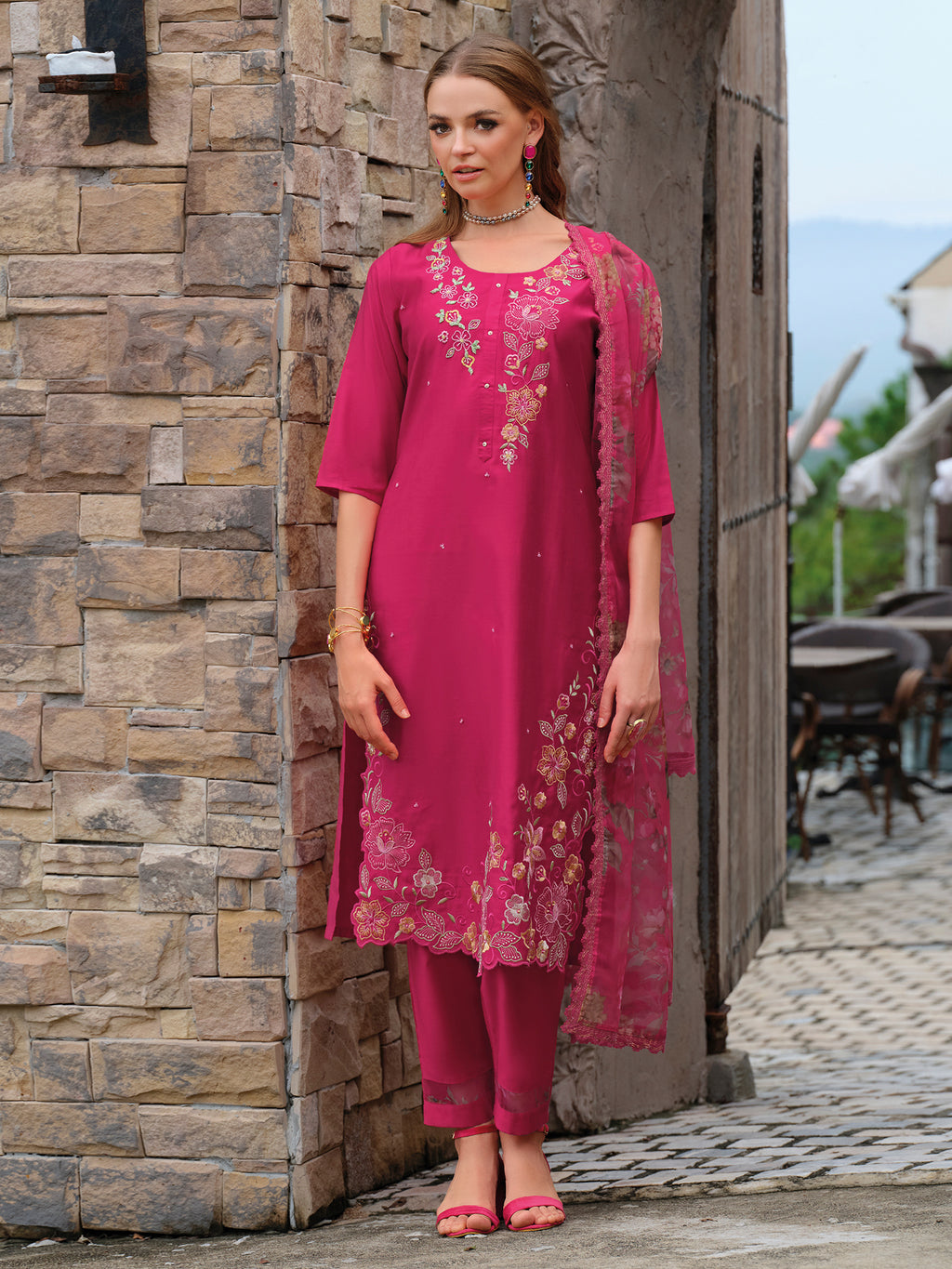 Indo Era Pink Embroidered Straight Kurta Trousers With Dupatta Set- IE