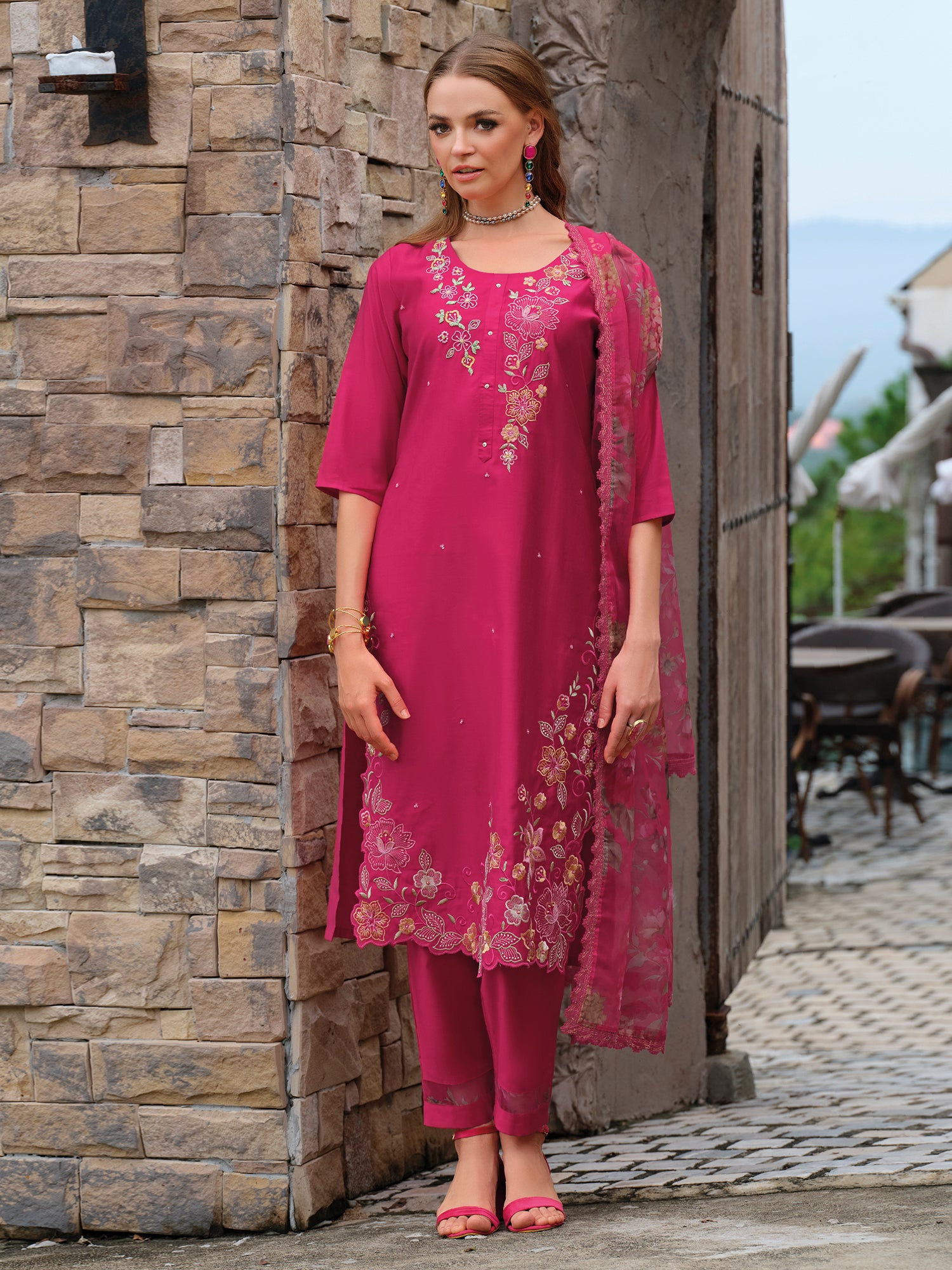 Indo Era Pink Embroidered Straight Kurta Trousers With Dupatta Set- IE
