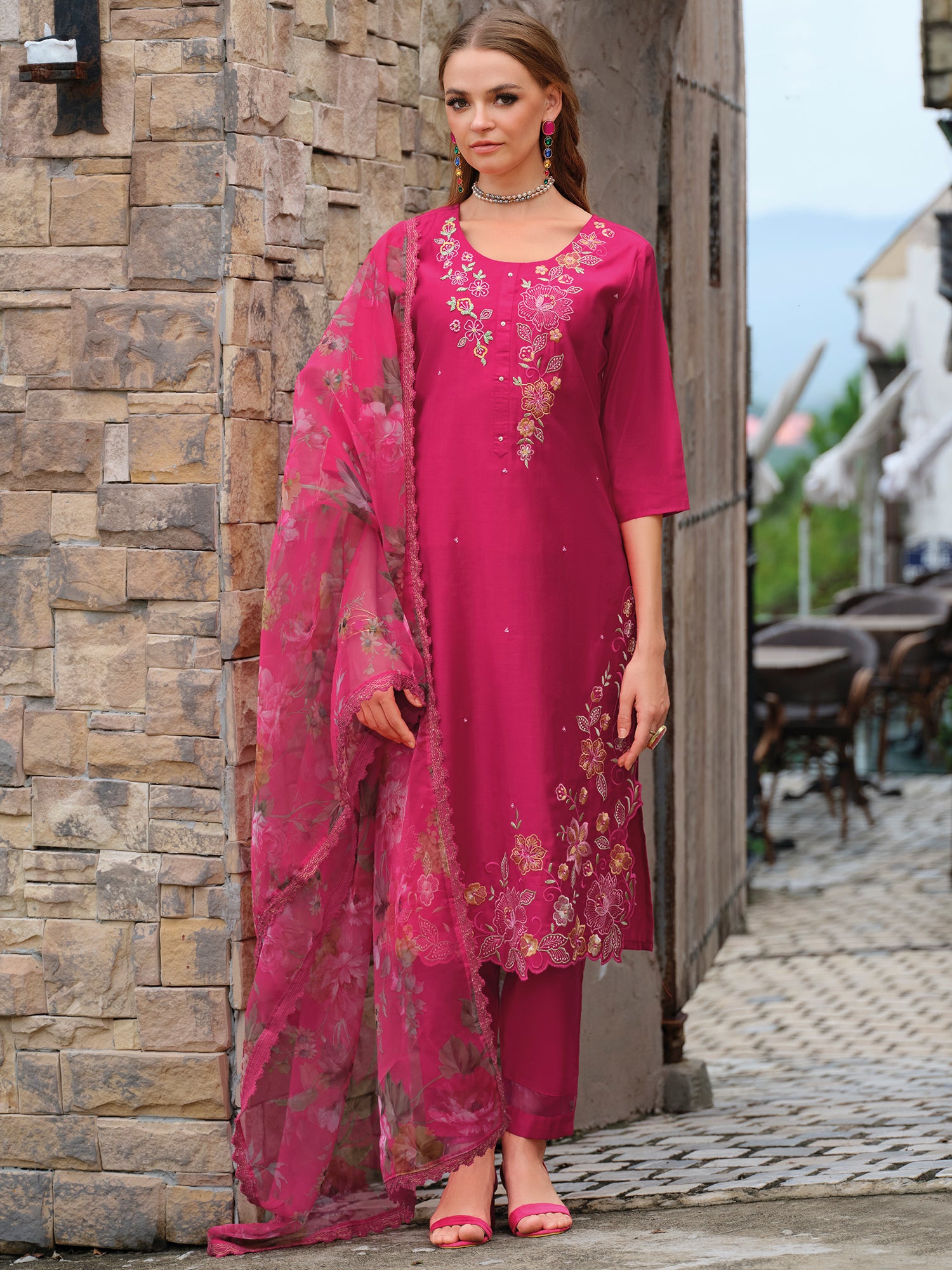 Indo Era Pink Embroidered Straight Kurta Trousers With Dupatta Set- IE