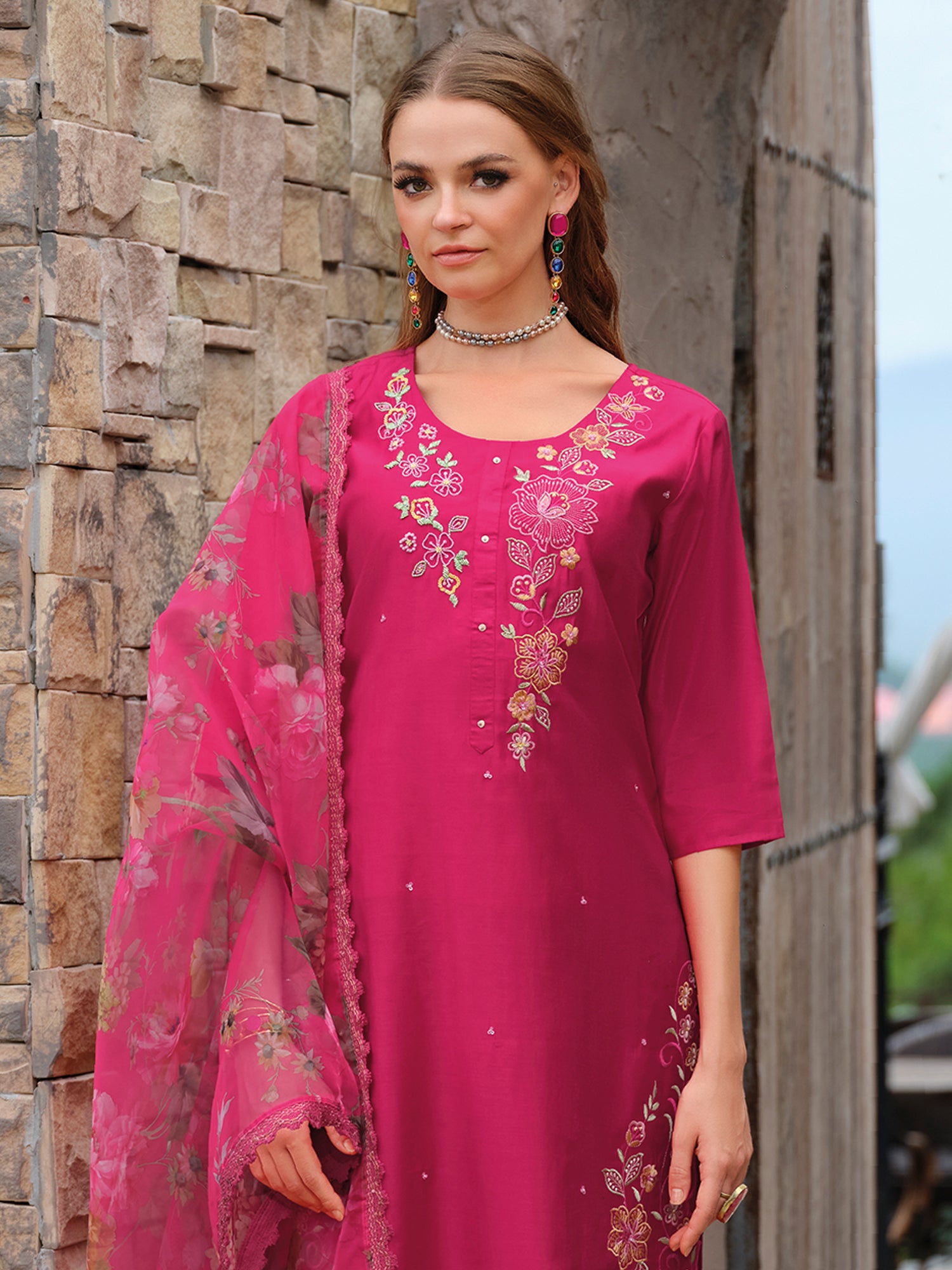 Indo Era Pink Embroidered Straight Kurta Trousers With Dupatta Set- IE