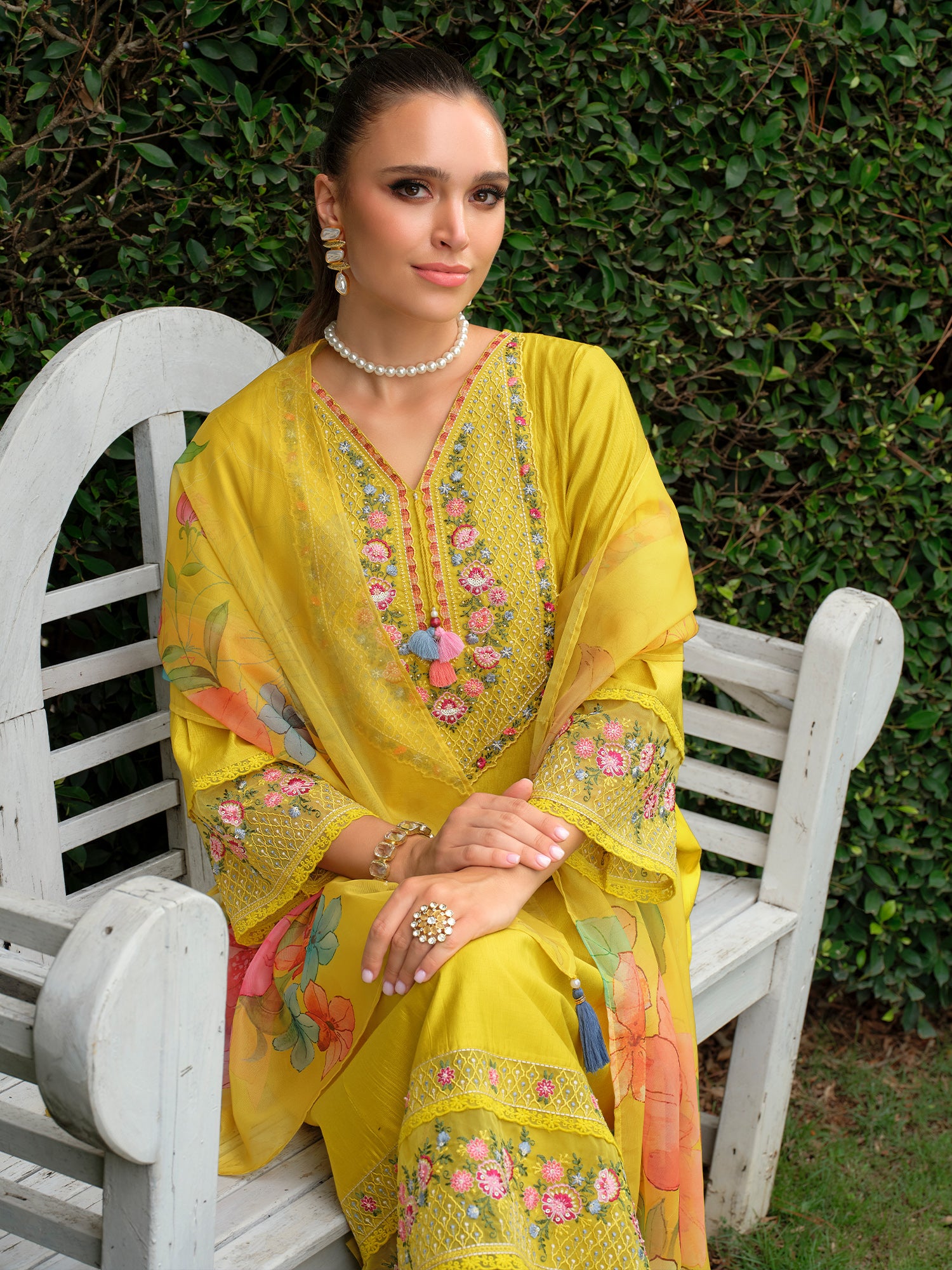 Indo Era Yellow Embroidered A-Line Kurta Trousers With Dupatta Set- IE