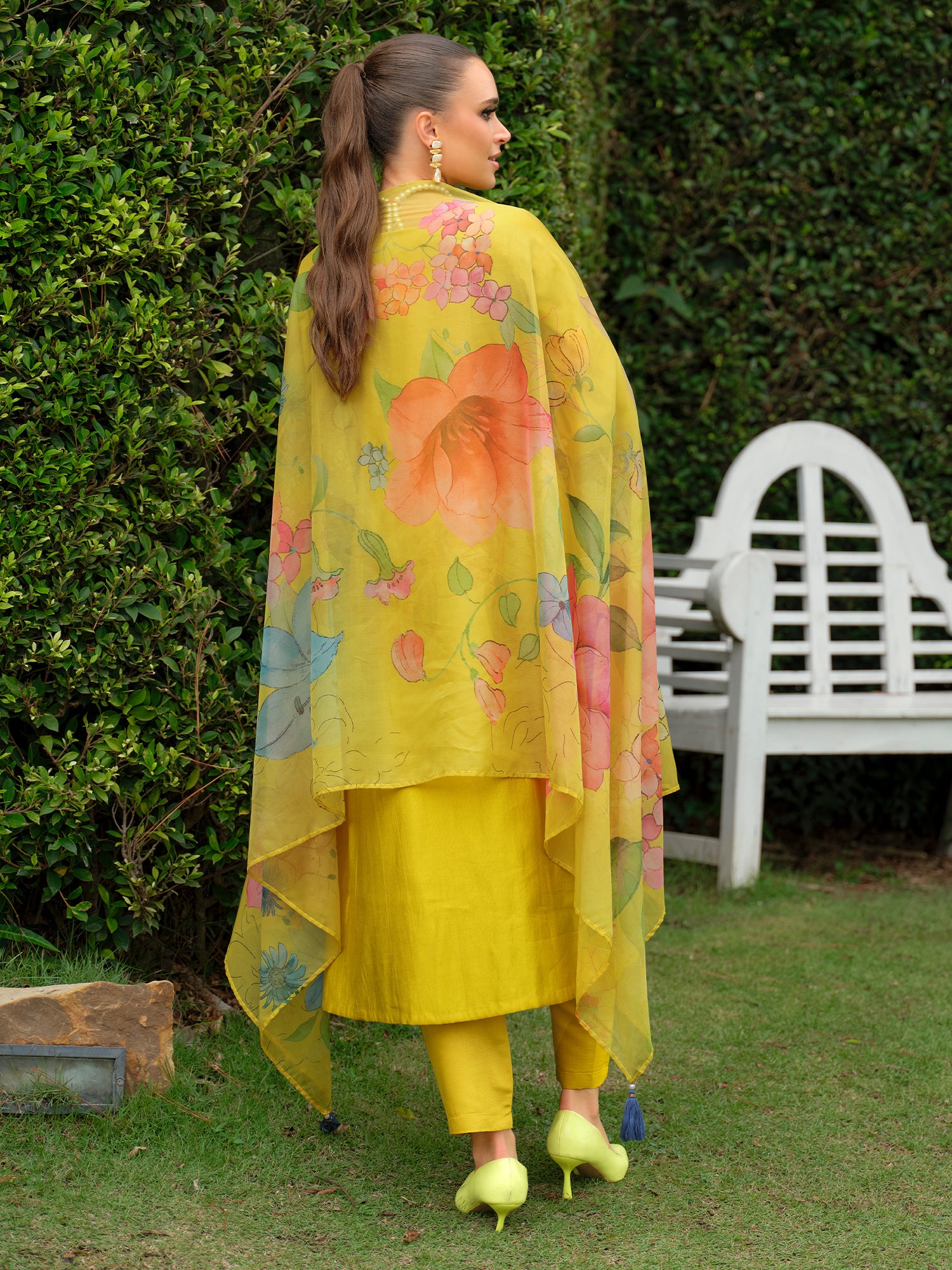 Indo Era Yellow Embroidered A-Line Kurta Trousers With Dupatta Set- IE