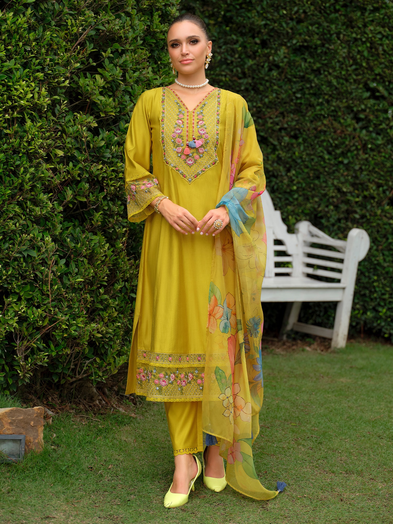 Indo Era Yellow Embroidered A-Line Kurta Trousers With Dupatta Set- IE