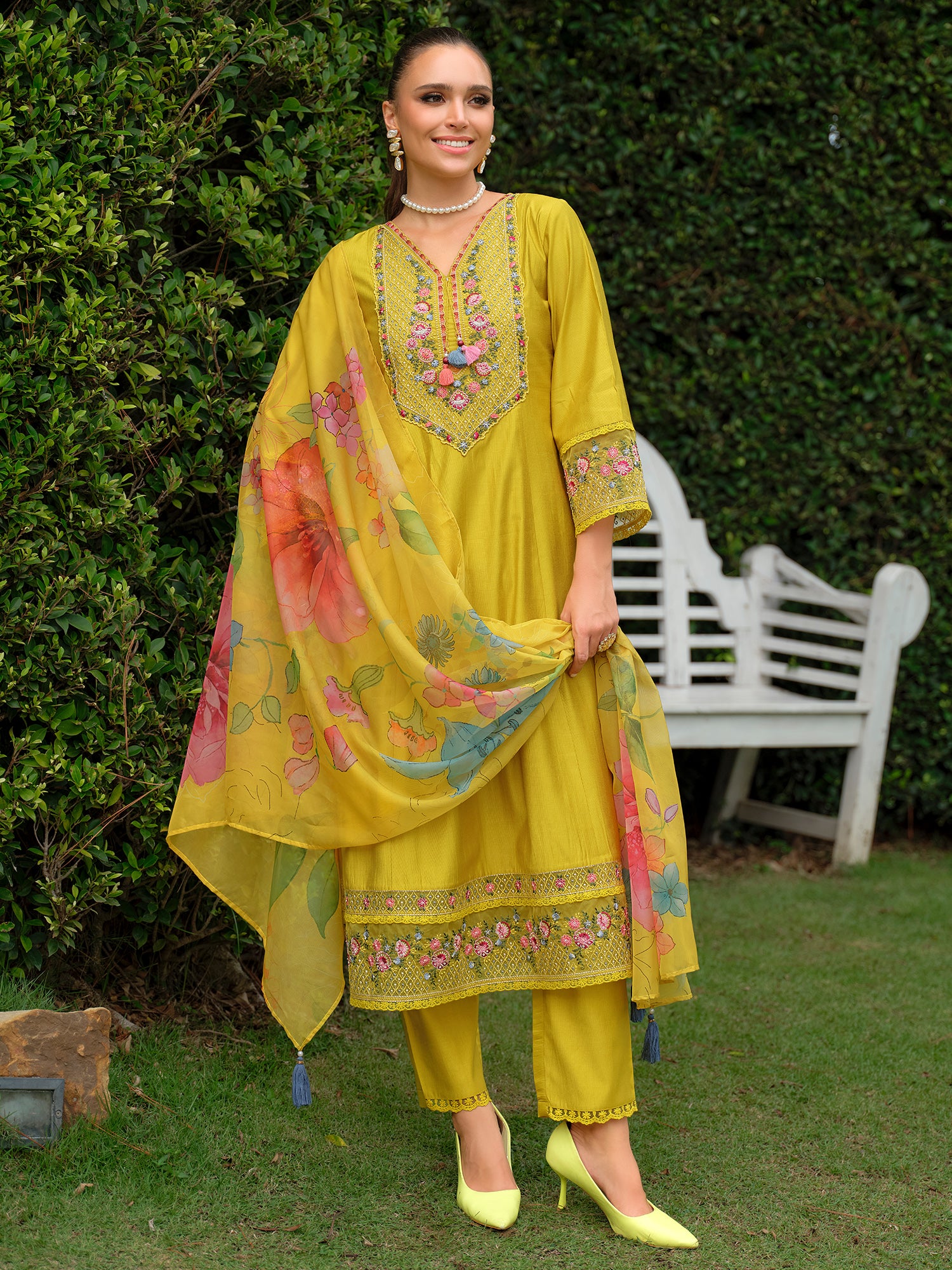 Indo Era Yellow Embroidered A-Line Kurta Trousers With Dupatta Set- IE