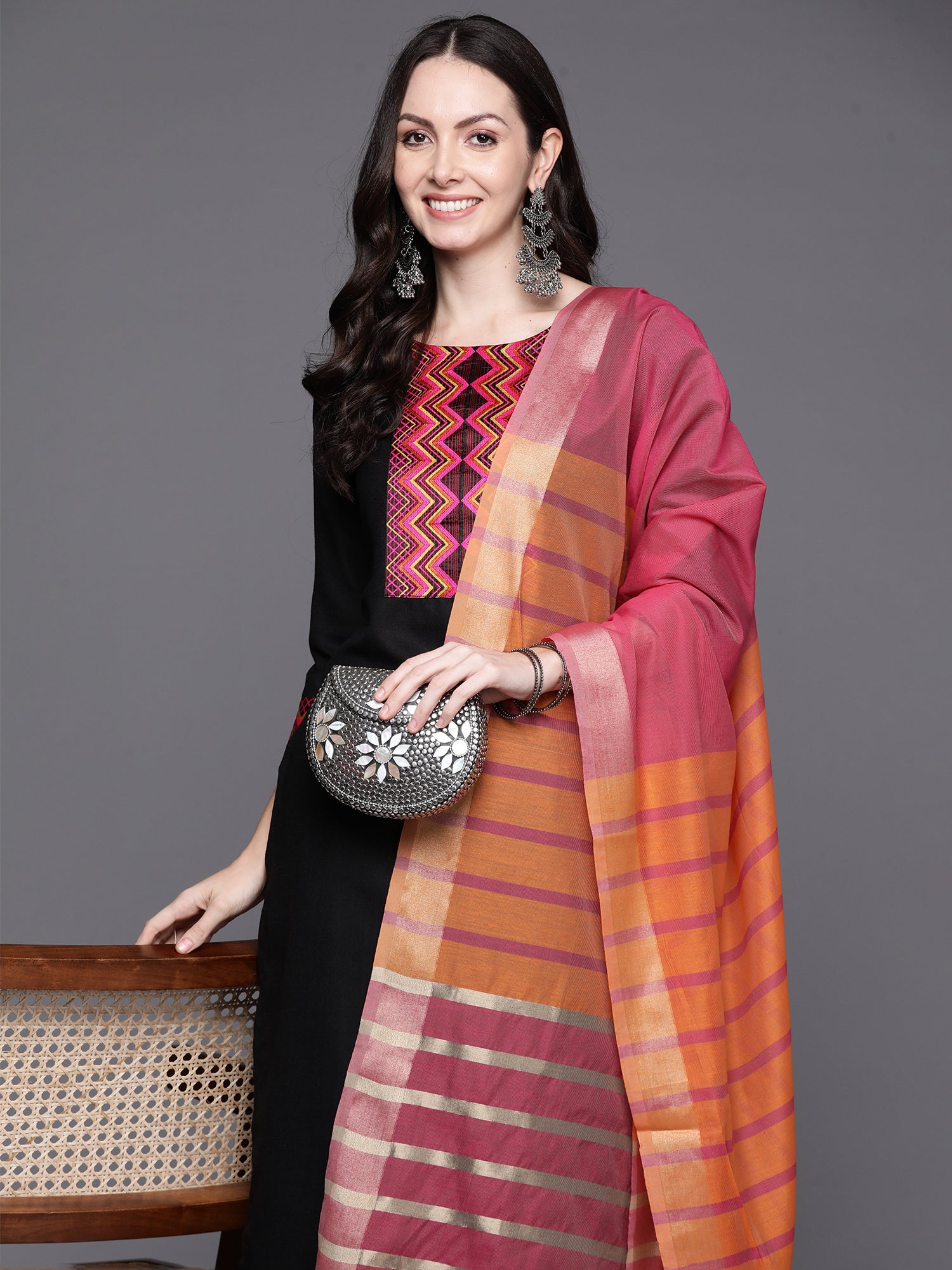 Black Yoke Design Straight Kurta Palazzos With Dupatta Set