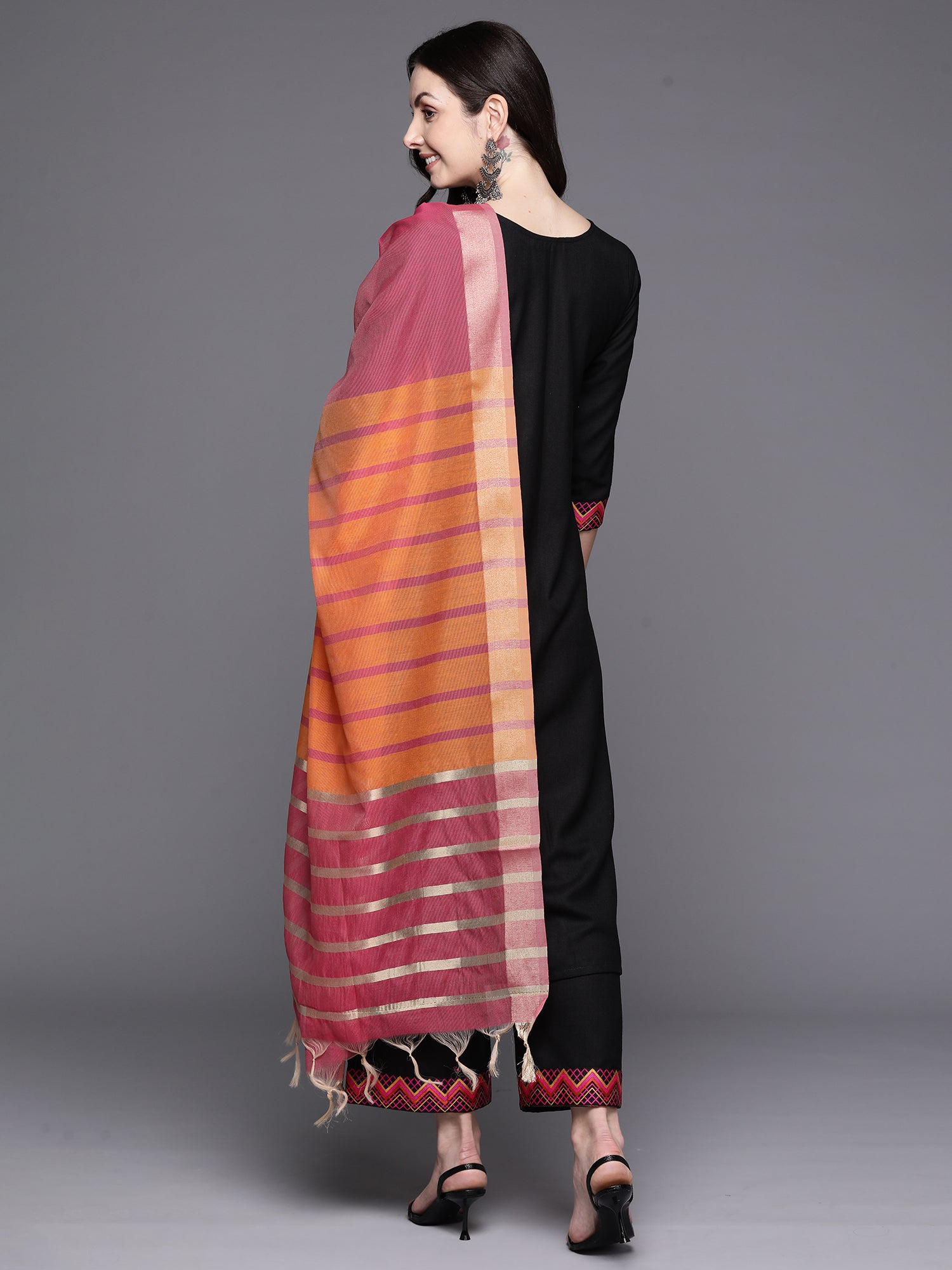 Black Yoke Design Straight Kurta Palazzos With Dupatta Set