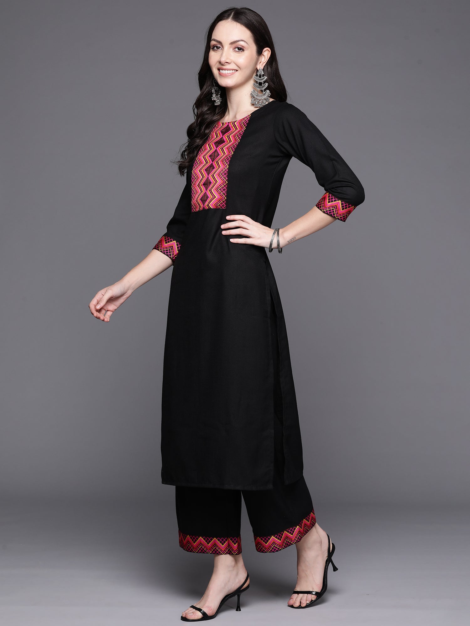 Black Yoke Design Straight Kurta Palazzos With Dupatta Set