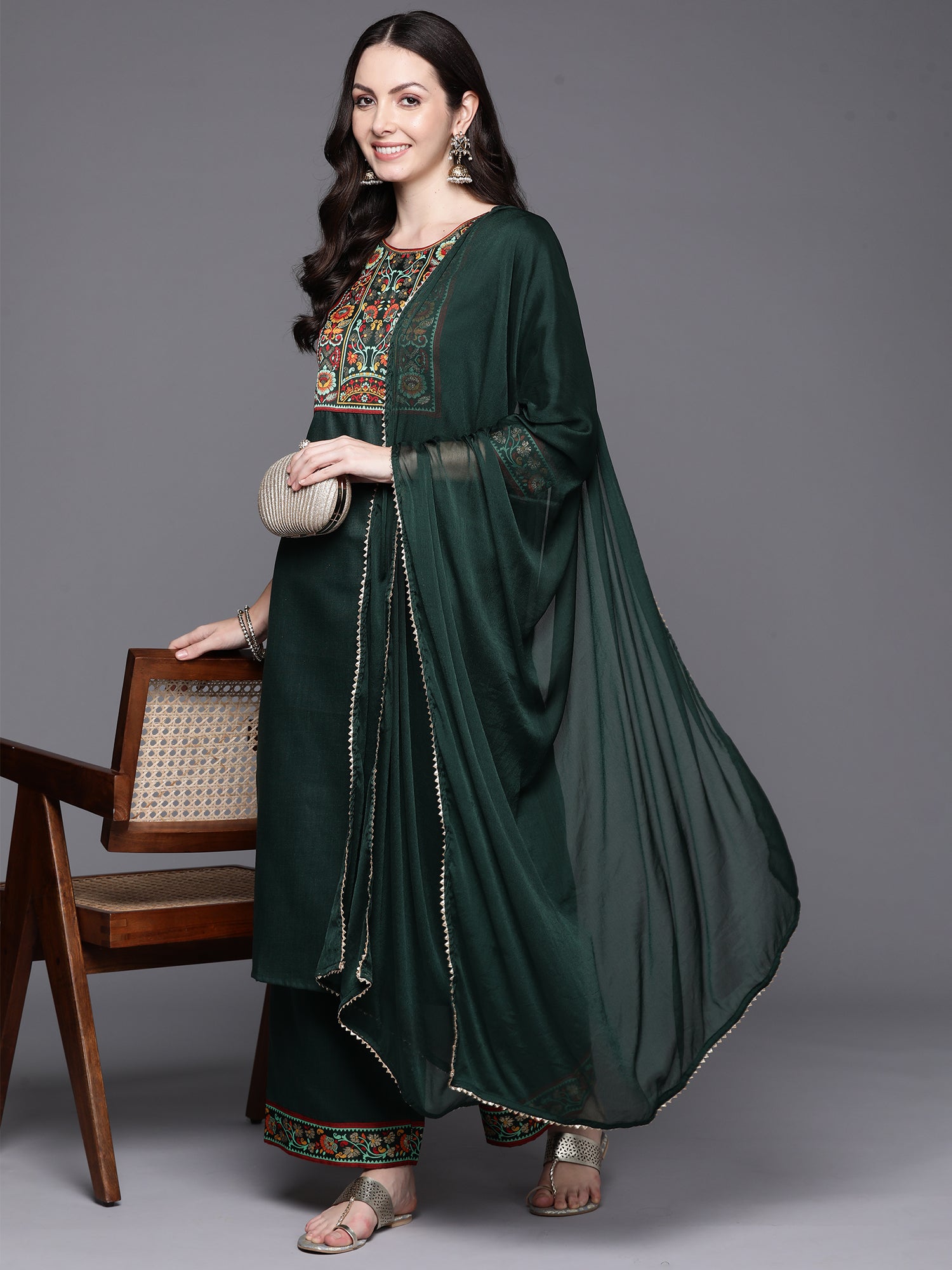 Green Yoke Design Straight Kurta Palazzos With Dupatta Set