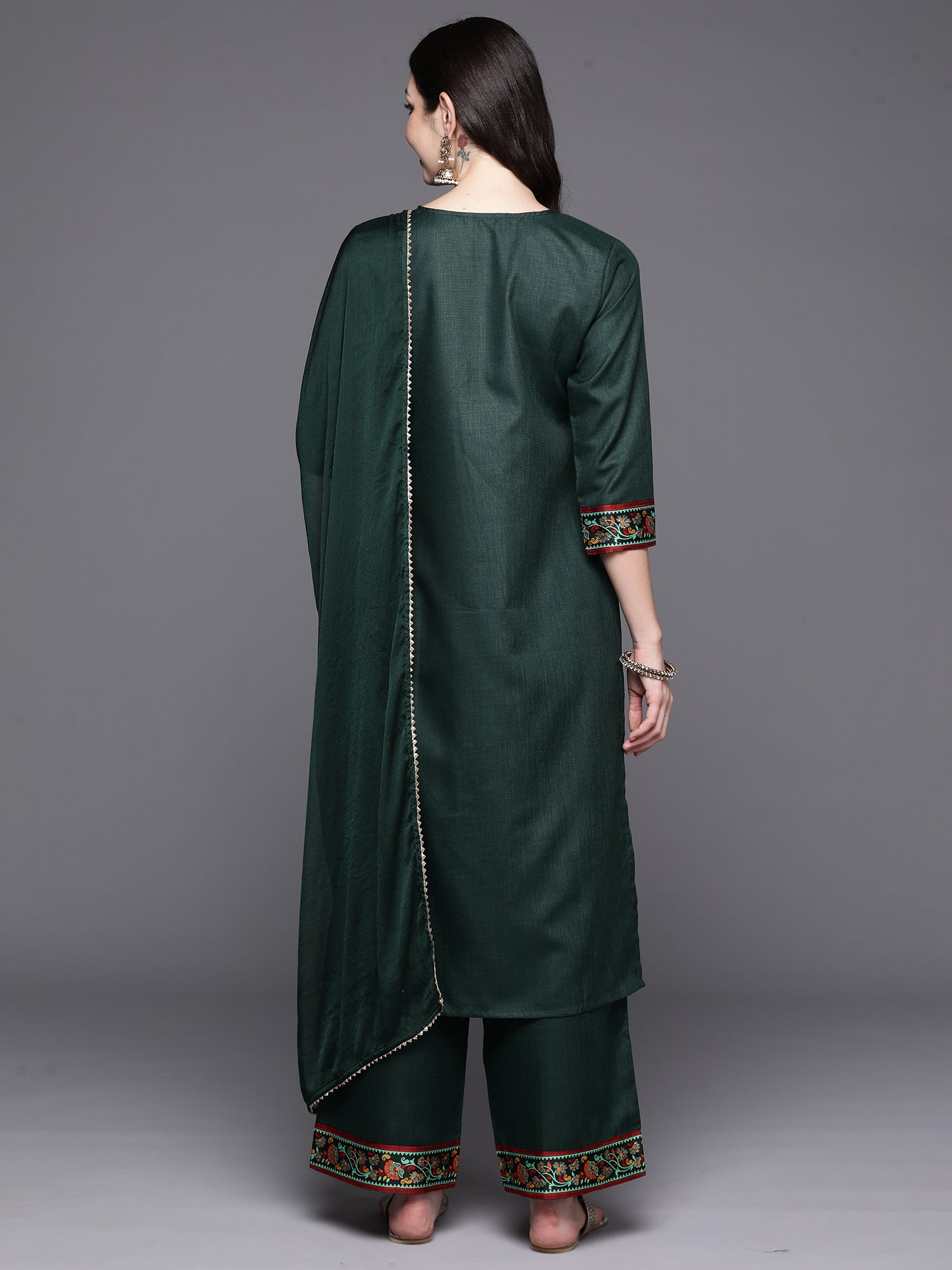 Green Yoke Design Straight Kurta Palazzos With Dupatta Set