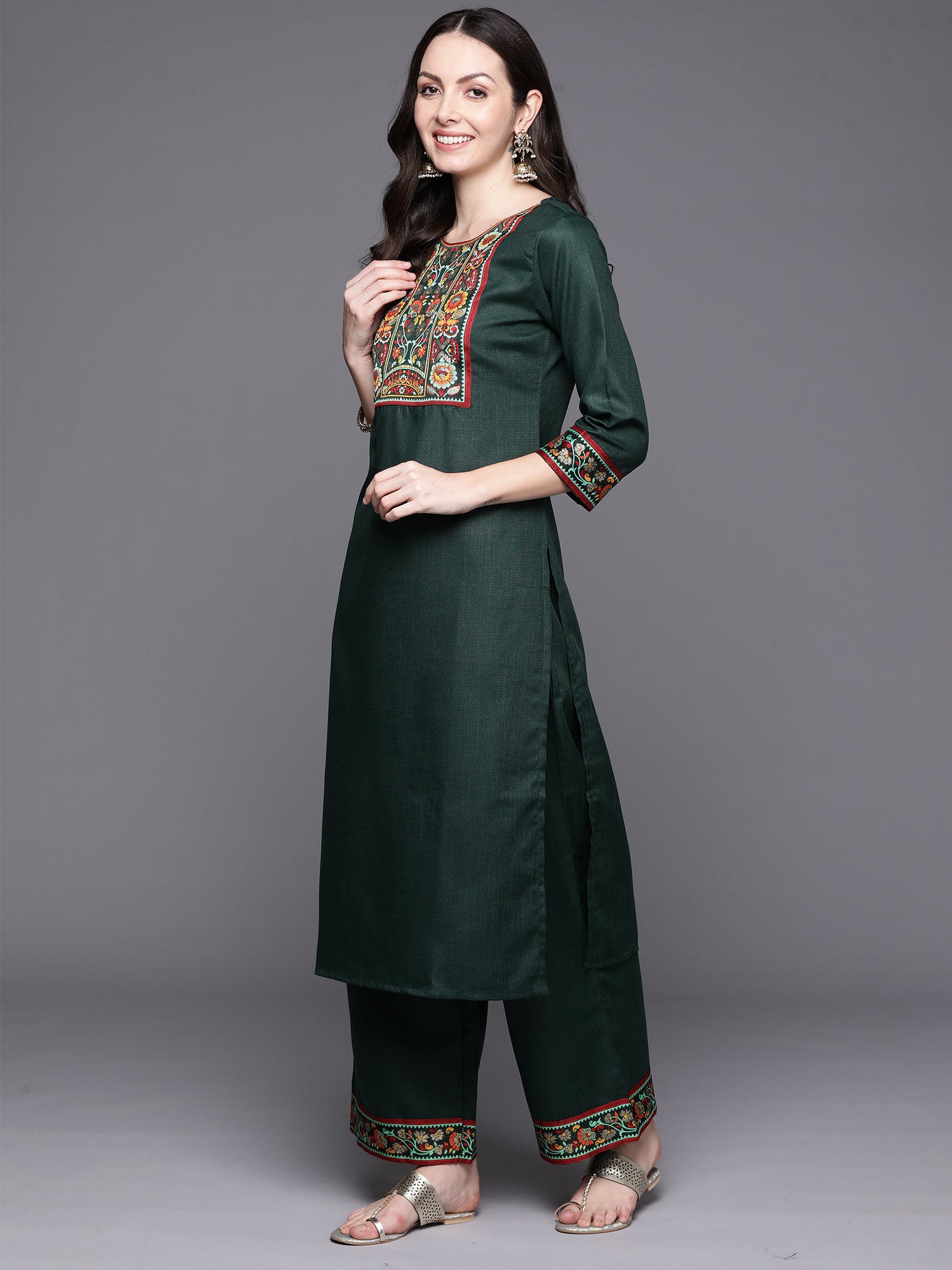 Green Yoke Design Straight Kurta Palazzos With Dupatta Set