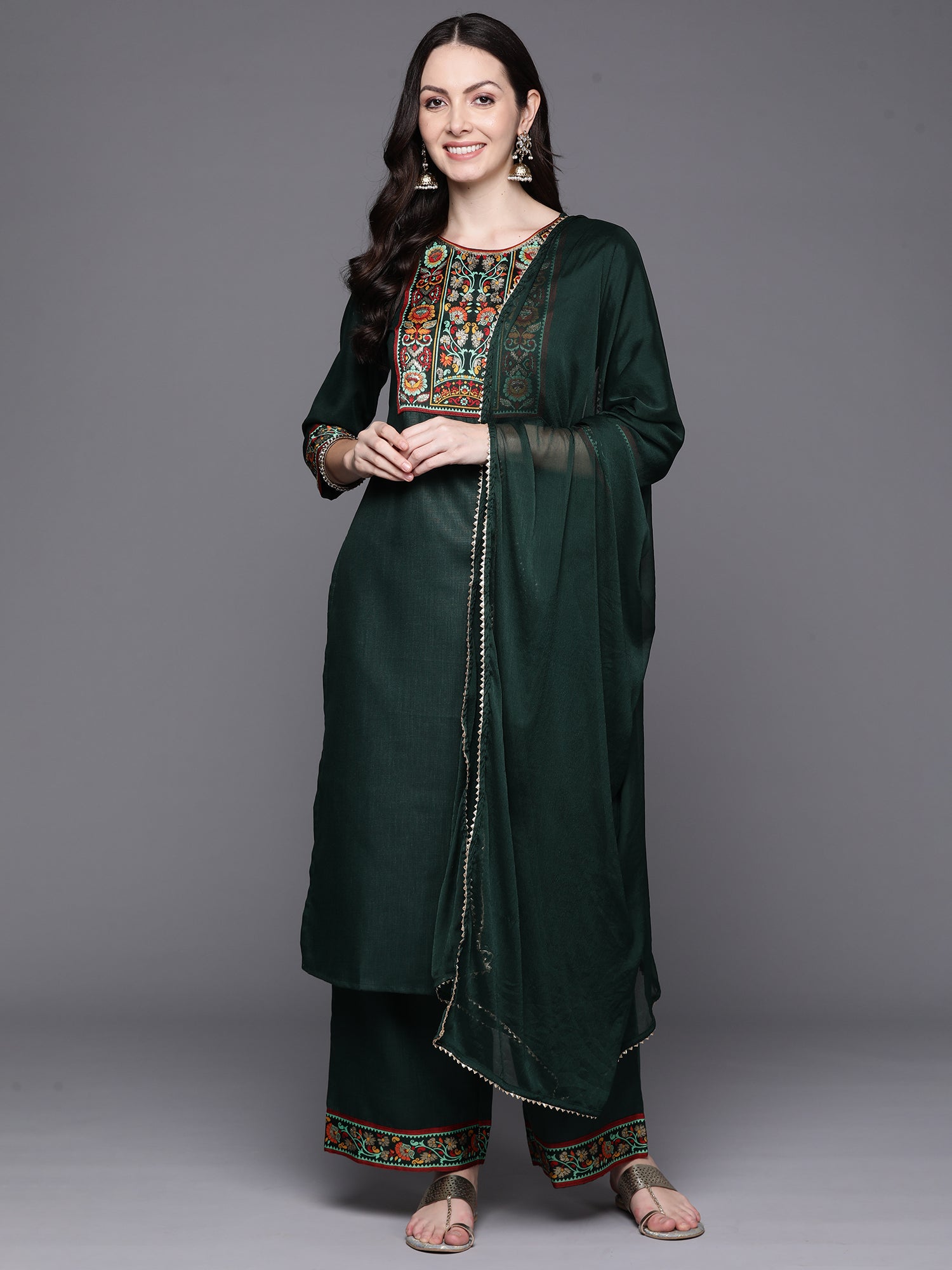 Green Yoke Design Straight Kurta Palazzos With Dupatta Set