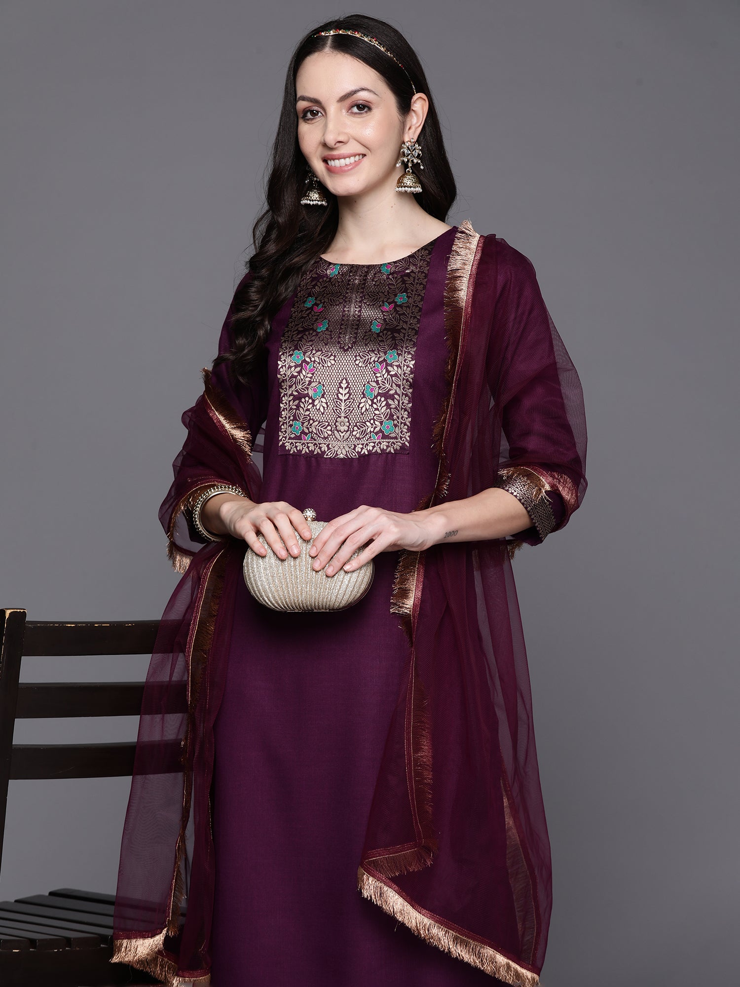 Purple Yoke Design Straight Kurta Palazzos With Dupatta Set