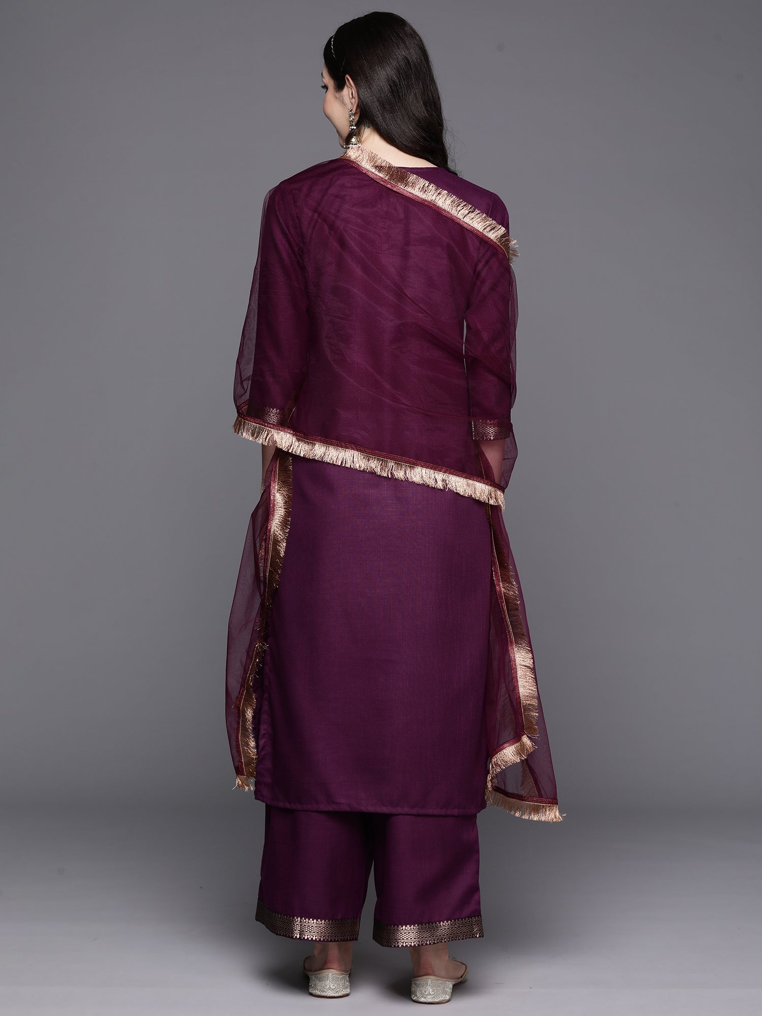 Purple Yoke Design Straight Kurta Palazzos With Dupatta Set