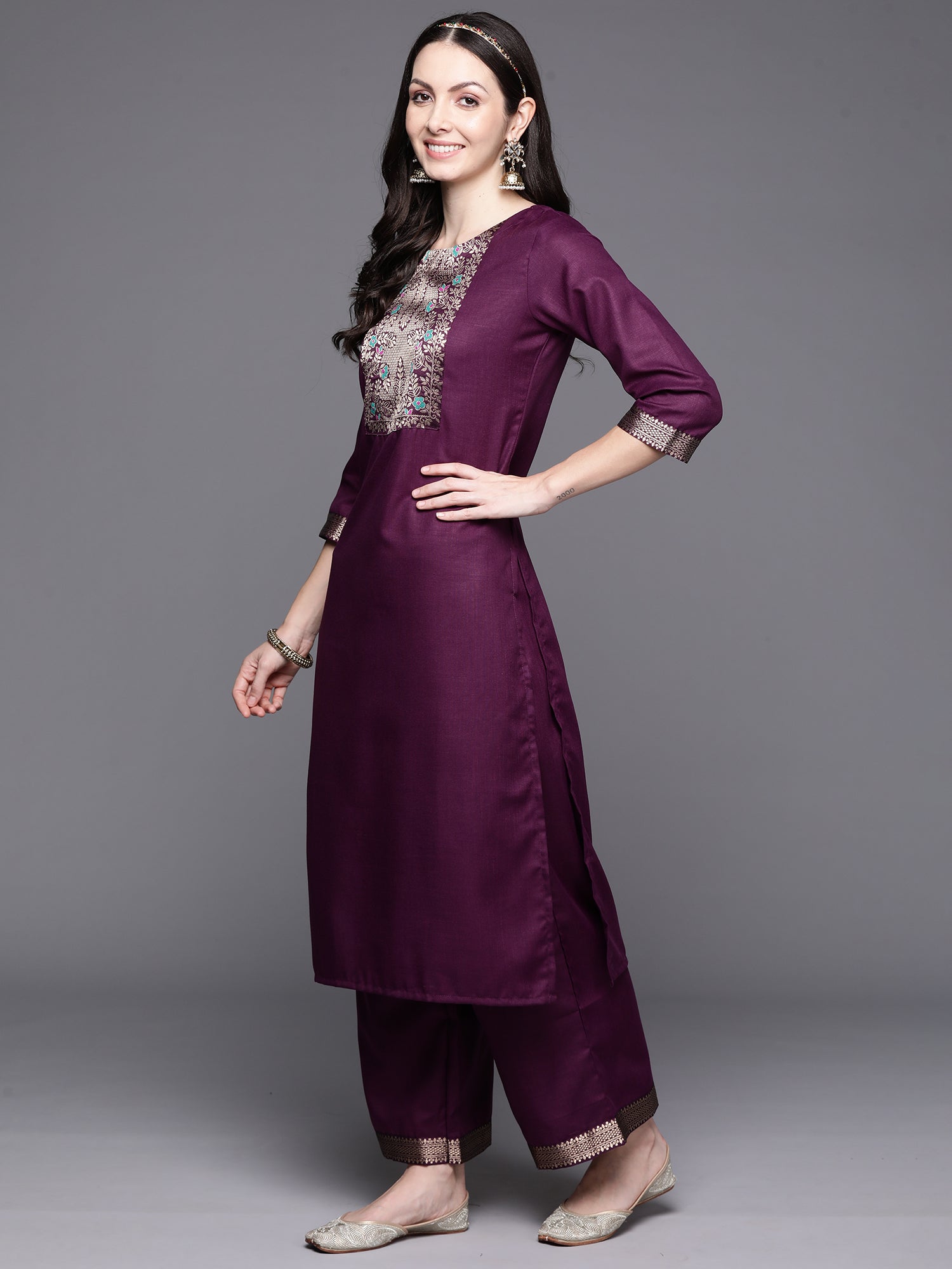 Purple Yoke Design Straight Kurta Palazzos With Dupatta Set