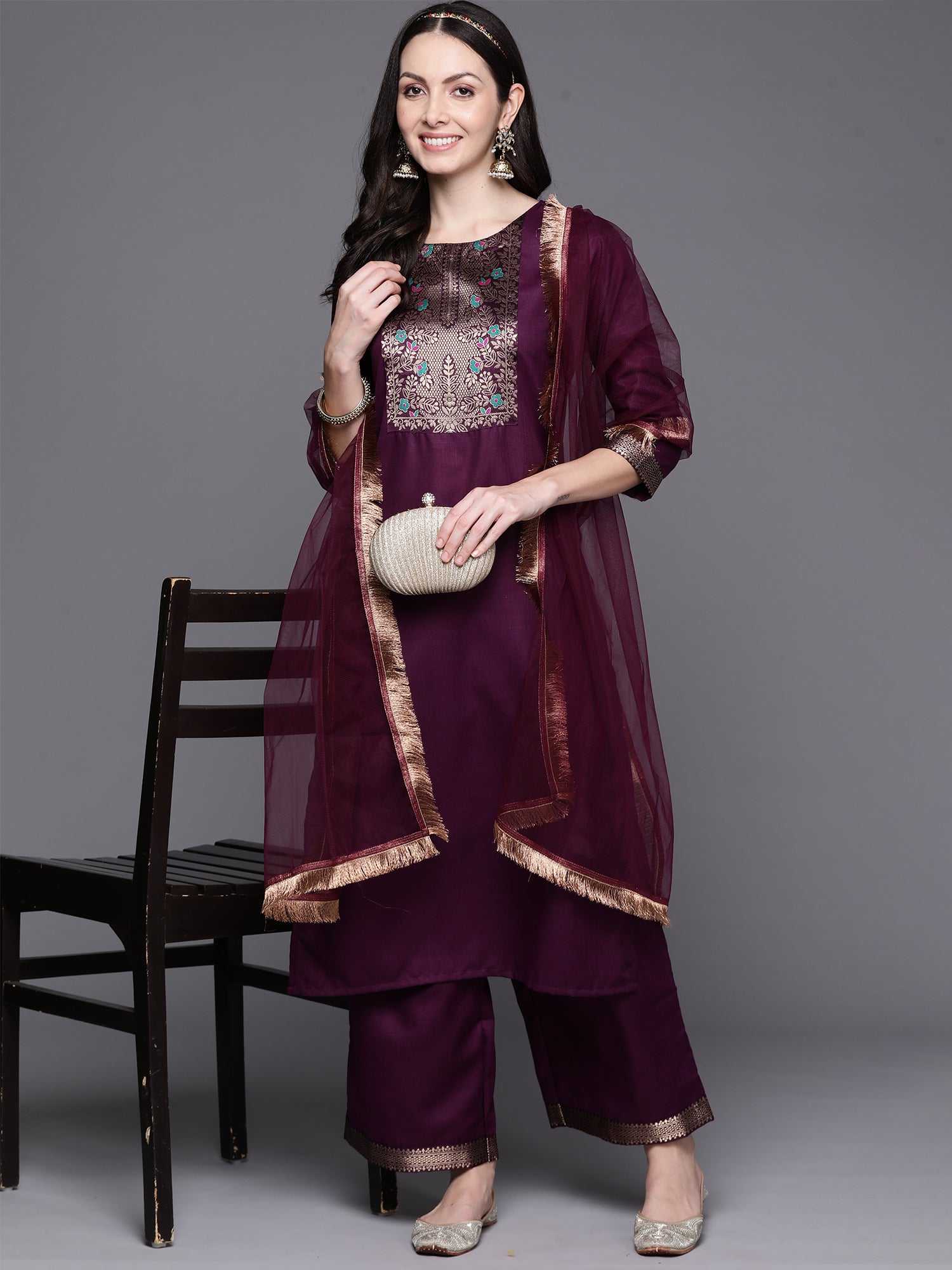 Purple Yoke Design Straight Kurta Palazzos With Dupatta Set