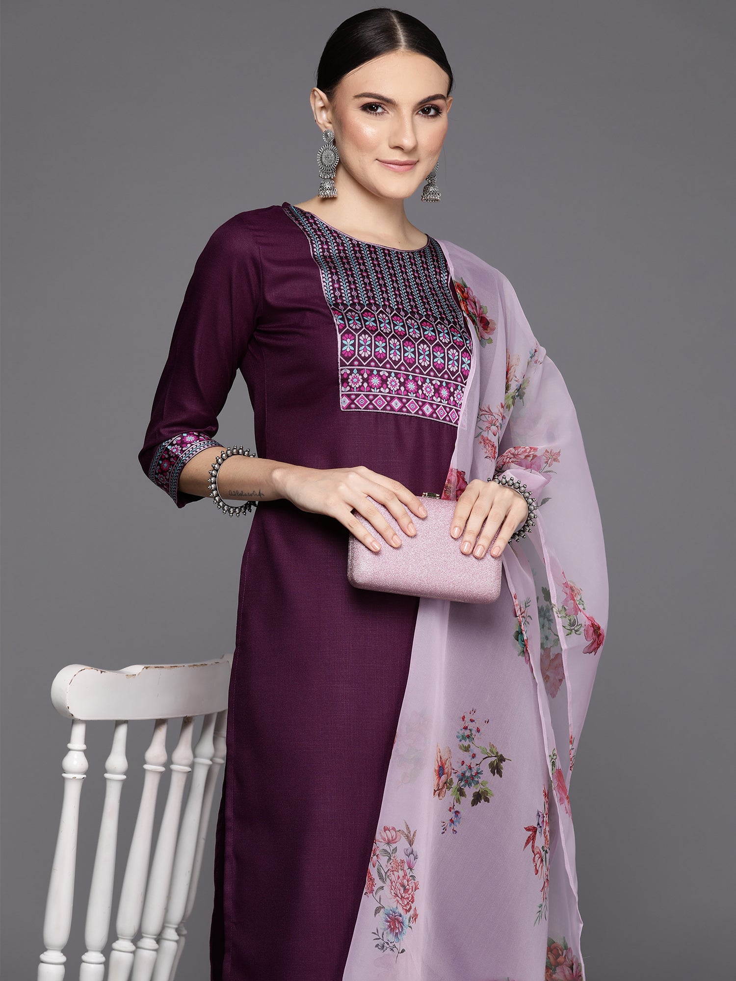 Purple Yoke Design Straight Kurta Palazzos With Dupatta Set