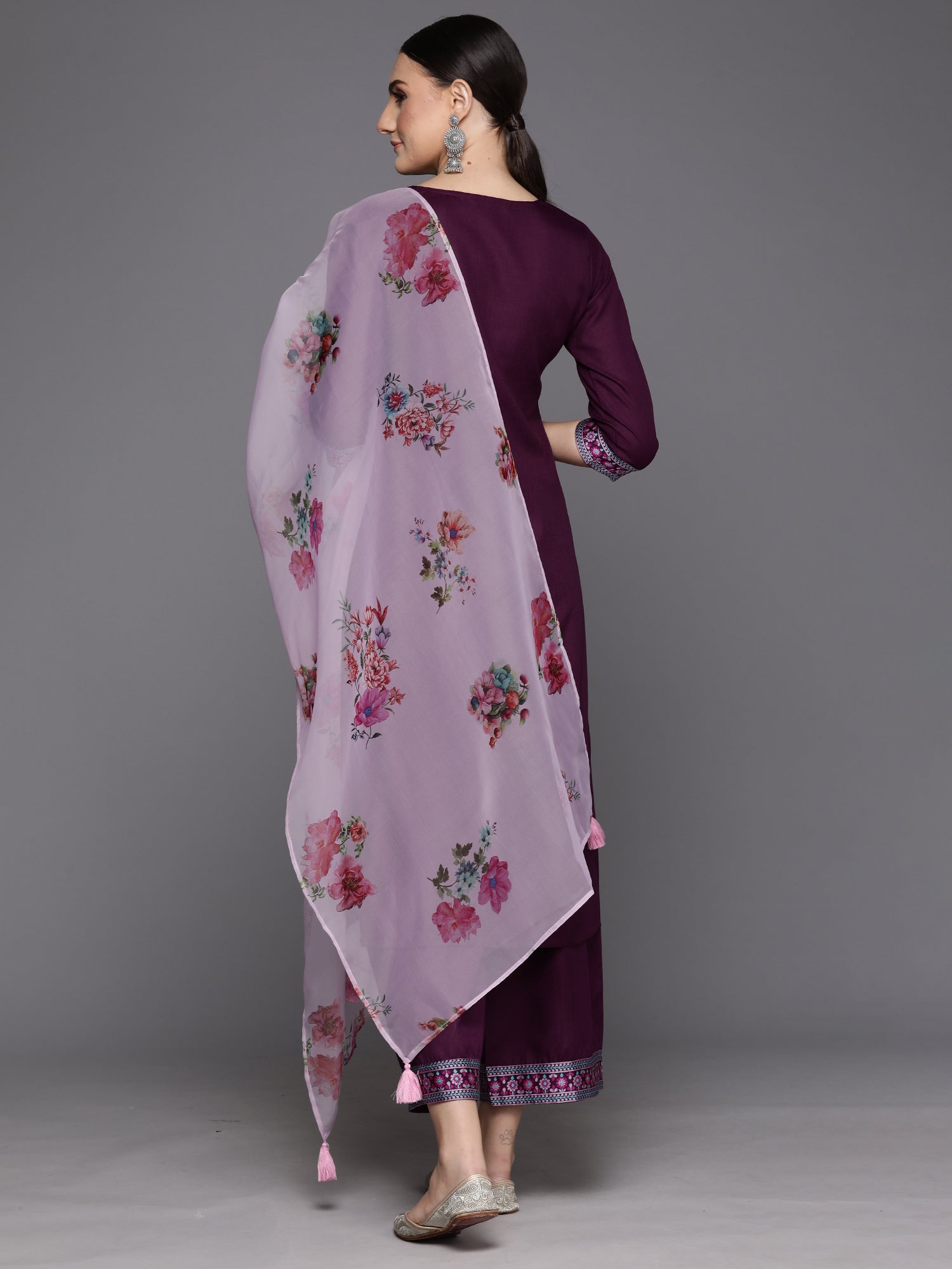 Purple Yoke Design Straight Kurta Palazzos With Dupatta Set