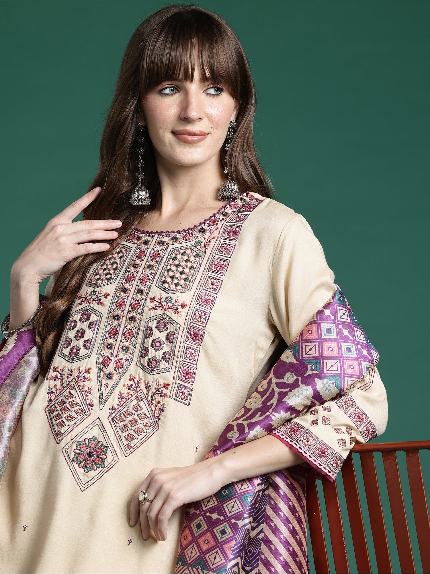 Indo era Beige Embroidered Straight Kurta Trousers With Dupatta Set- IE