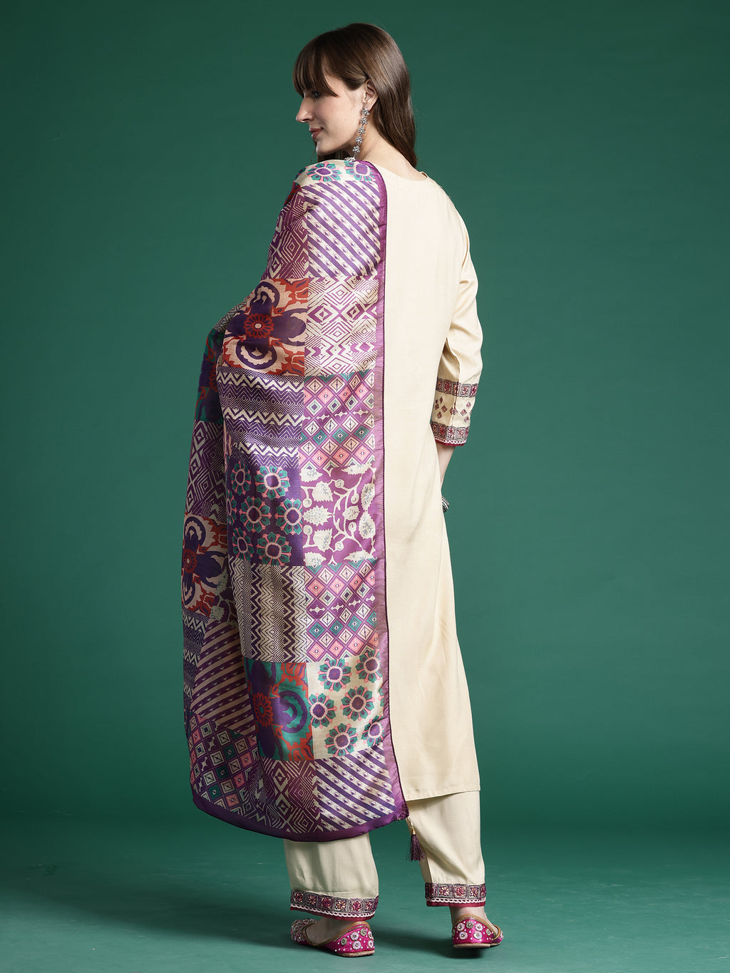 Indo era Beige Embroidered Straight Kurta Trousers With Dupatta Set- IE