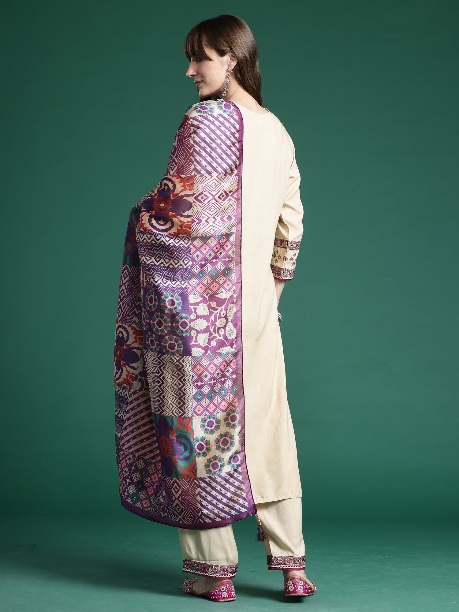 Indo era Beige Embroidered Straight Kurta Trousers With Dupatta Set- IE