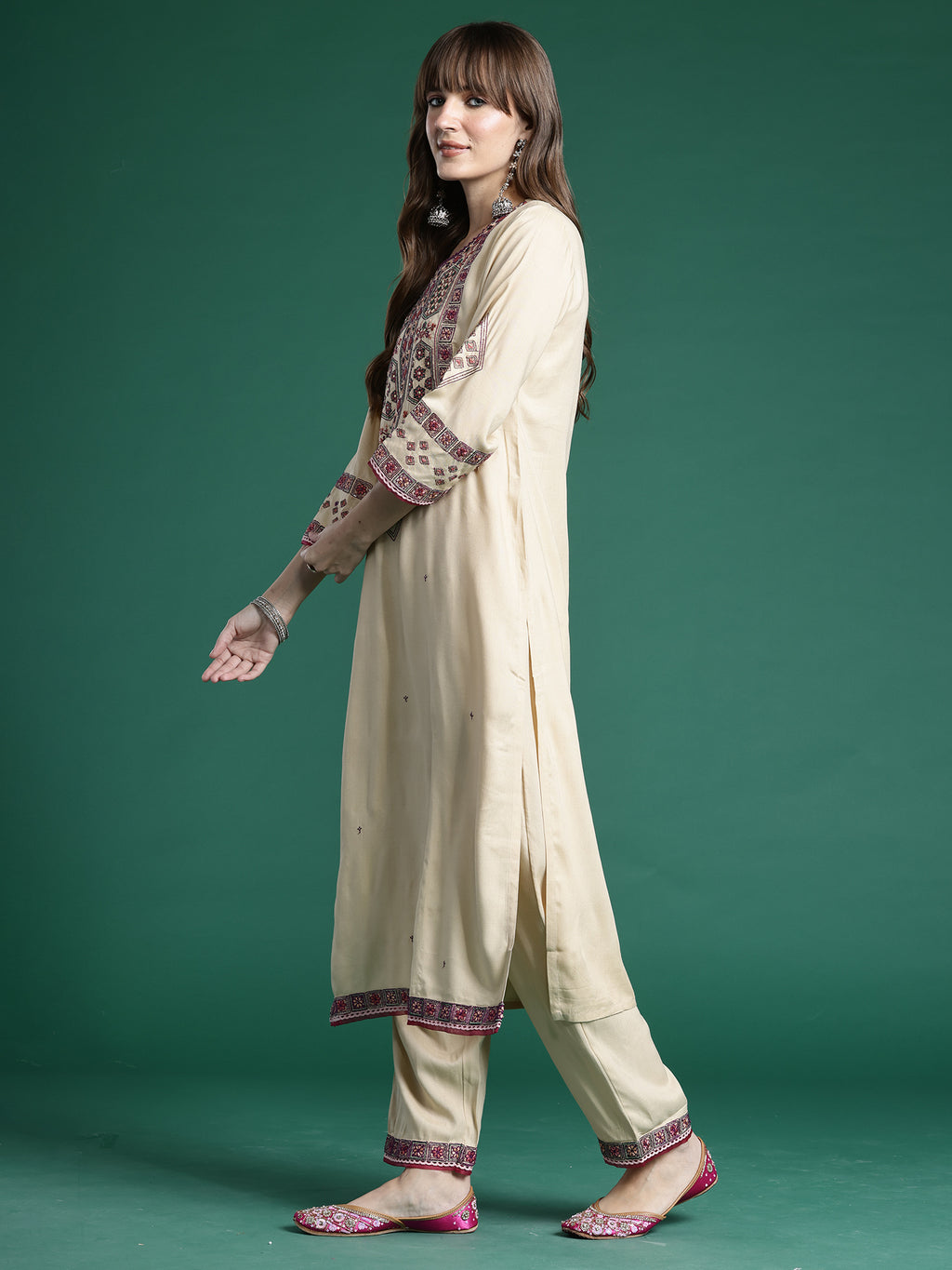 Indo era Beige Embroidered Straight Kurta Trousers With Dupatta Set- IE