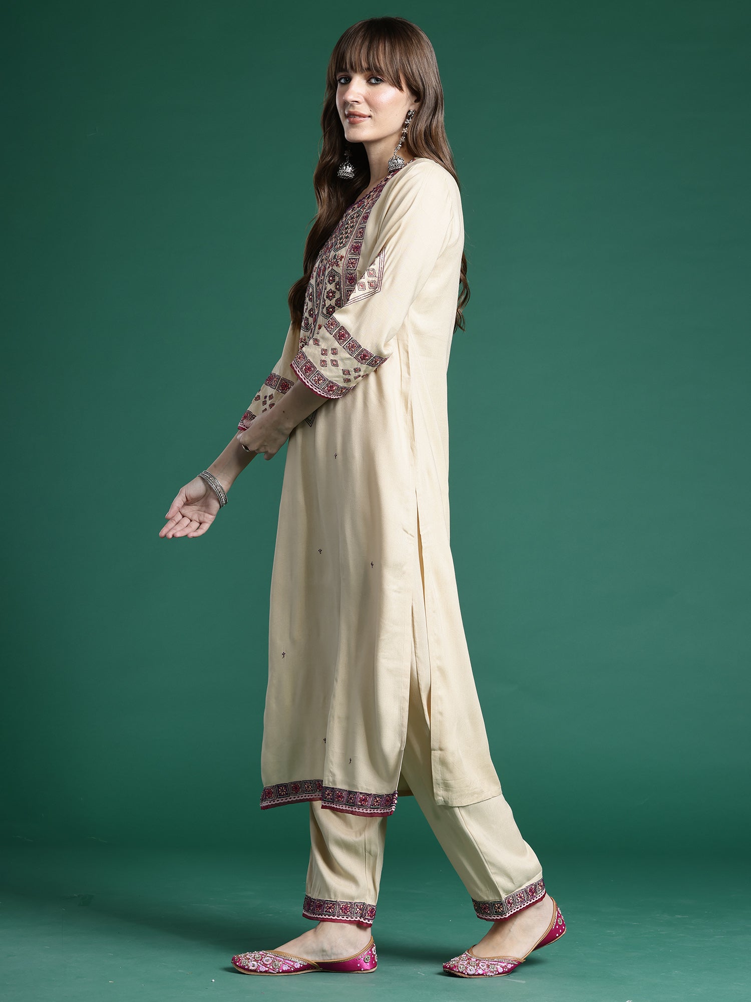 Indo era Beige Embroidered Straight Kurta Trousers With Dupatta Set- IE