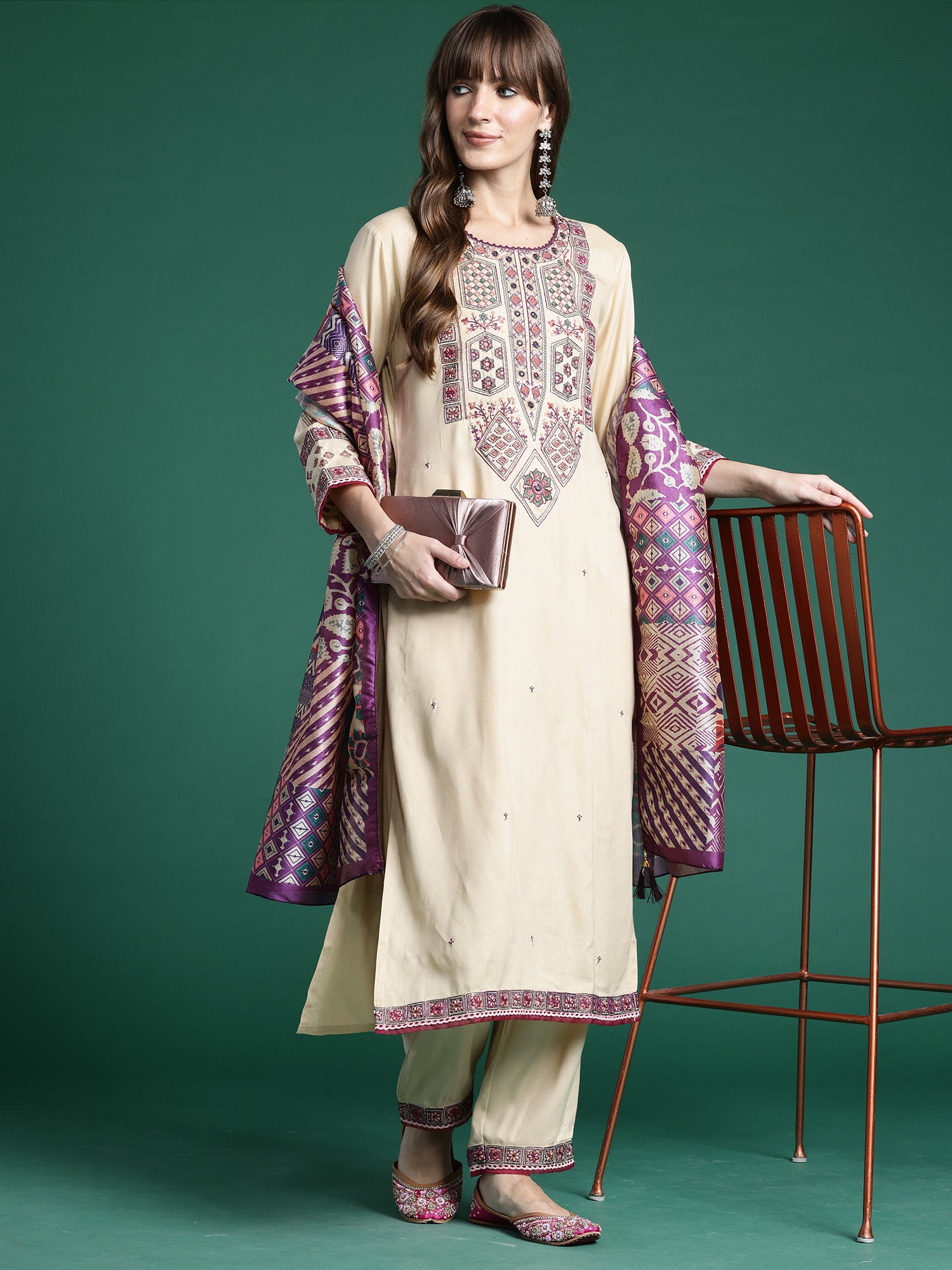 Indo era Beige Embroidered Straight Kurta Trousers With Dupatta Set- IE