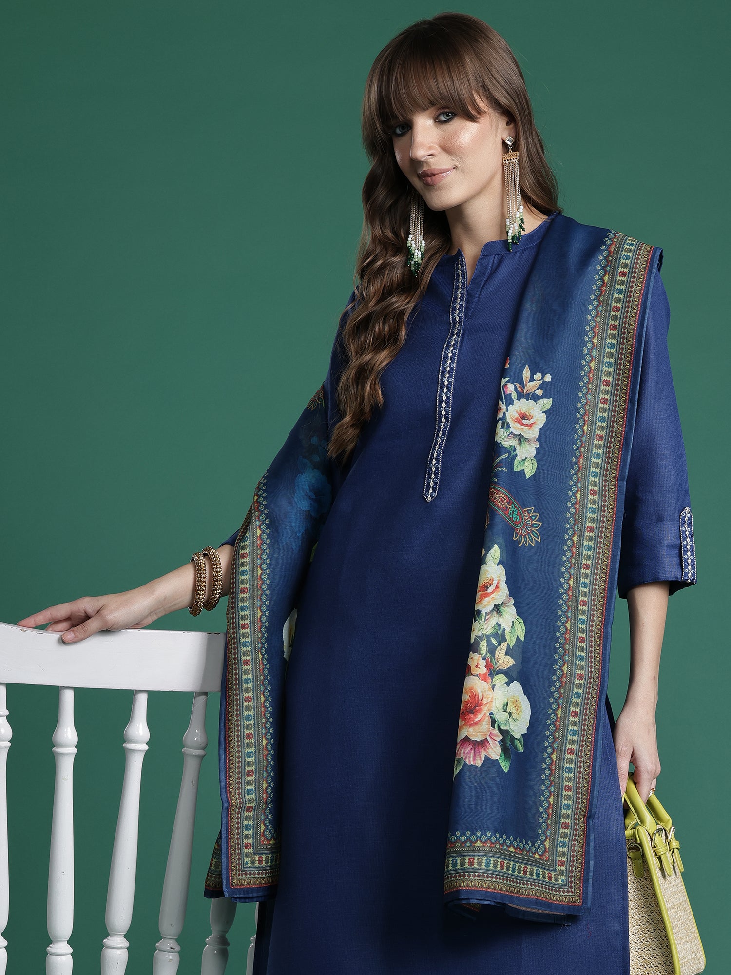 Indo era Blue Embroidered Straight Kurta Trousers With Dupatta Set- IE